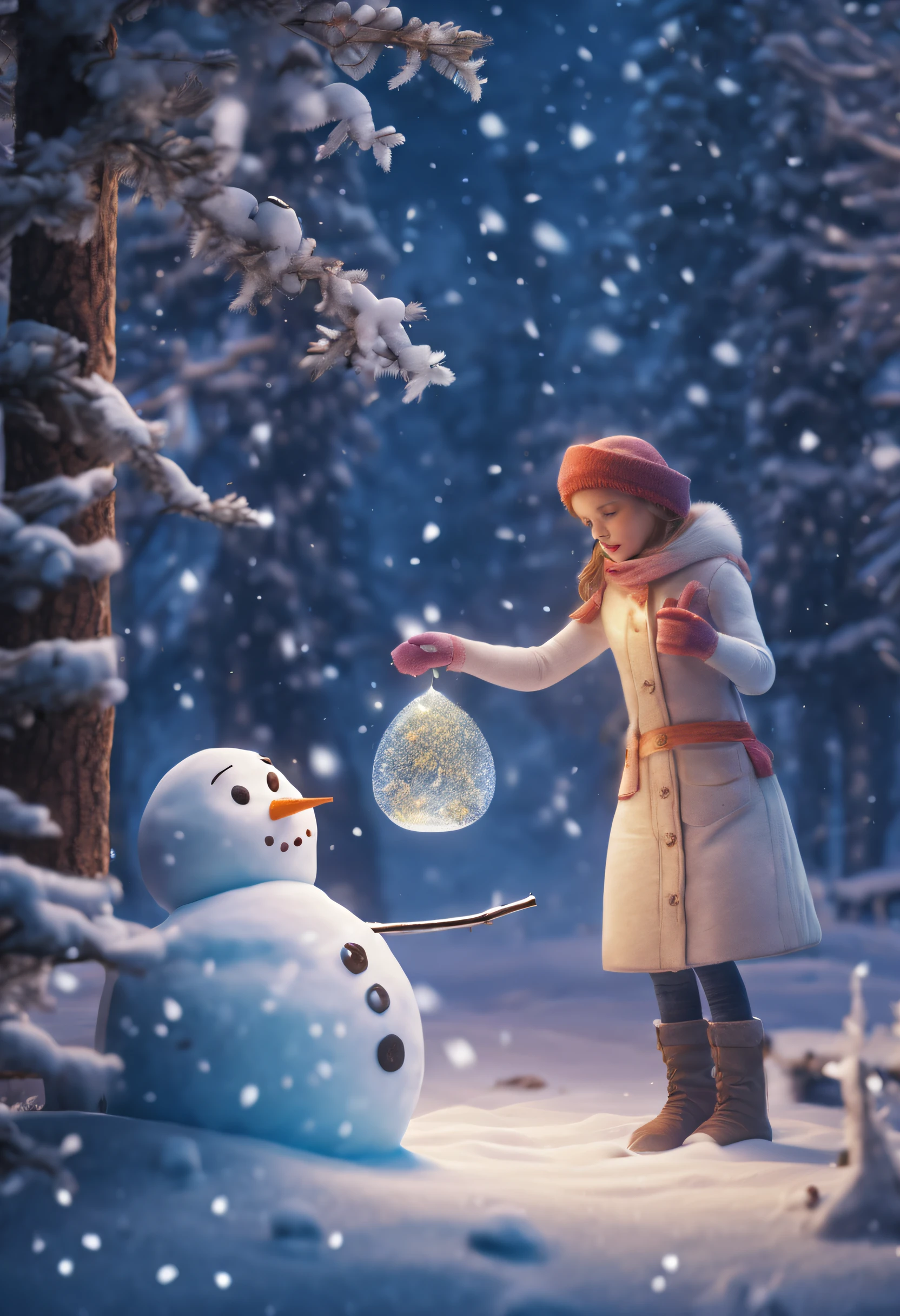 In a forest, a girl is building a snowman. The snowman is adorned with dazzling gemstones, and faint light gleams through the texture of the snowflakes. The trees and snowy ground in the background are meticulously depicted, creating a mysterious and enchanting winter fairy tale world. (best quality, 4k, 8k, highres, masterpiece:1.2), ultra-detailed, (realistic, photorealistic, photo-realistic:1.37), snowy landscape, snow-covered trees, mesmerizing glow, vibrant colors, magical atmosphere, ethereal lighting