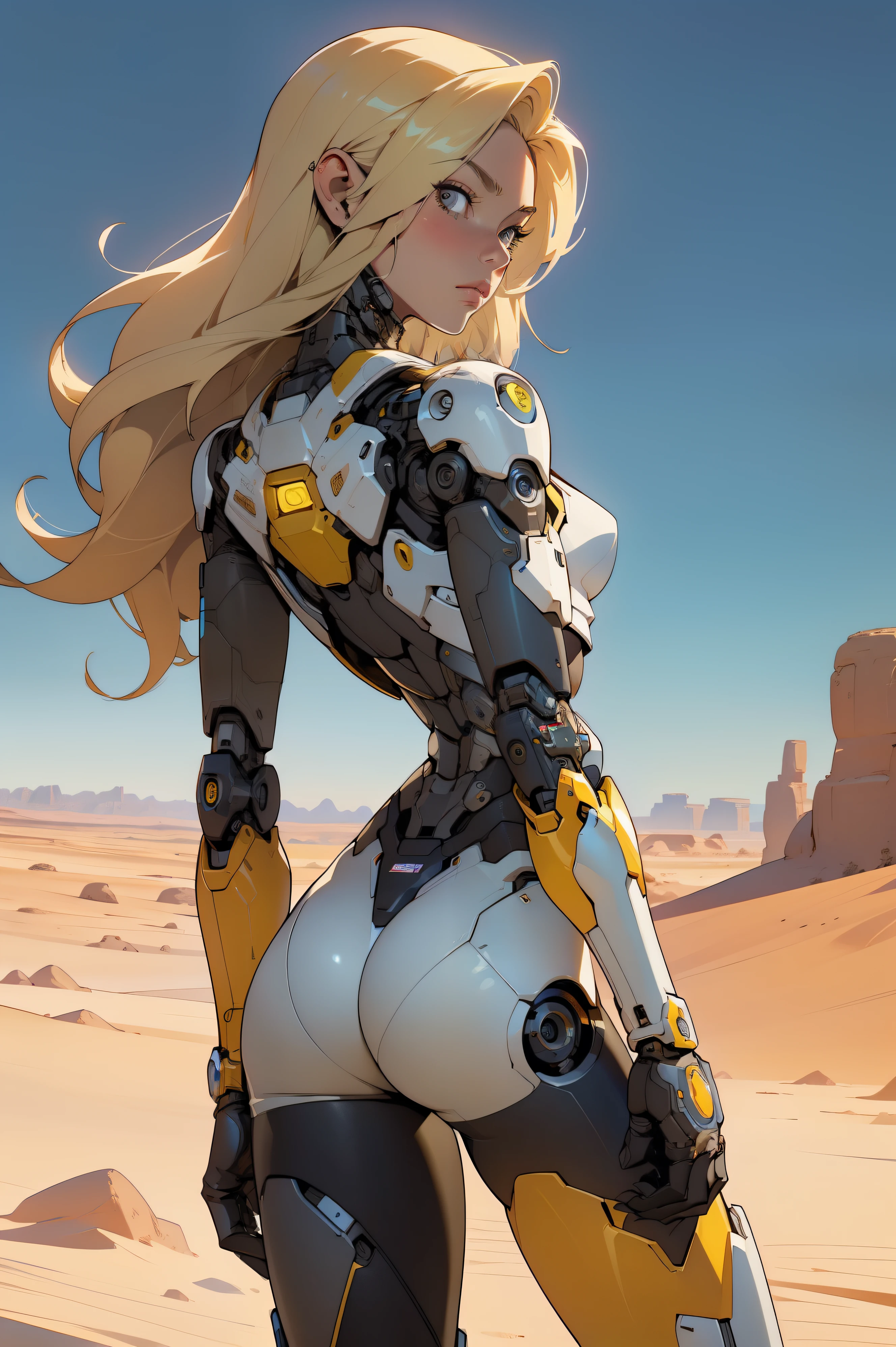 high quality, 4k, masterpiece, beautiful, cyborg girl, cowboy shot, dull eyes, back side, turning around to look at viewer, long blonde hair, girl, small breasts, fit thigh, robotic arms, robotic body, cyborg body, yellow accent, redaccent, intricate detail, joint, detailed lines, robotic detail, holding fist up, holding hand up as fist, color robotic parts, robotic parts with color, perfect fingers, on a desert planet, sunny background, colorful desert,