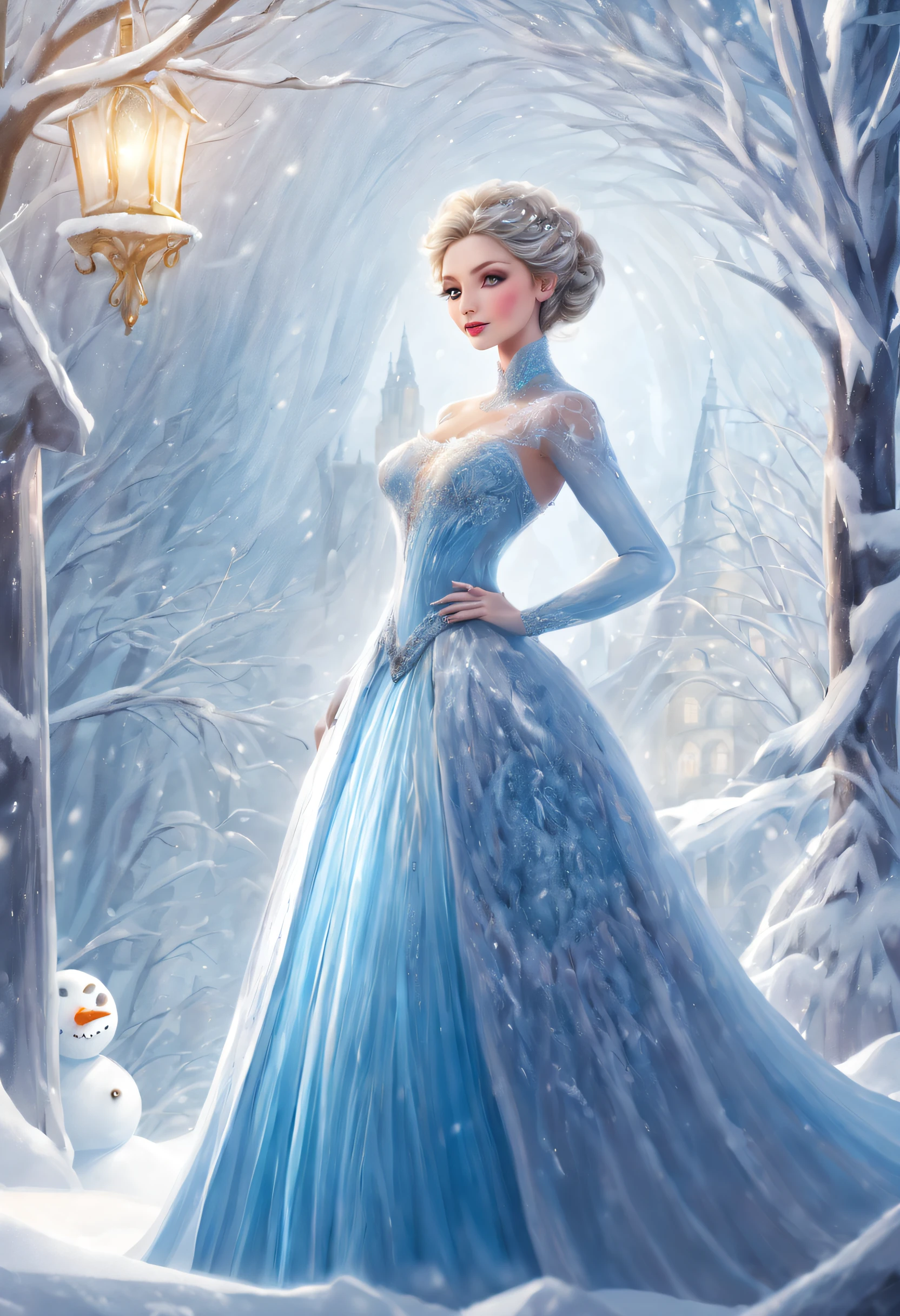 In an icy kingdom, a woman is building a snowman. She is wearing a magnificent gown made of ice and snow. The entire scene is enveloped in a mysterious and dreamy ambiance. The woman has beautiful detailed eyes, beautiful detailed lips, an extremely detailed face, and long eyelashes. Her appearance is enchanting, with a serene expression and a gentle smile. The snowman she is building is also meticulously crafted, with perfectly shaped body and intricate details on its face. The background is a winter wonderland, with snow-covered trees and sparkling icicles hanging from the branches. The lighting is soft, casting a warm golden glow on the scene. The colors are vibrant and vivid, with a cool-toned palette dominated by shades of blue and silver. The image quality is of the best possible, with ultra-detailed rendering that captures every minute texture and reflection. The overall style of the artwork is a mix of fantasy and realism, creating a captivating and immersive visual experience.