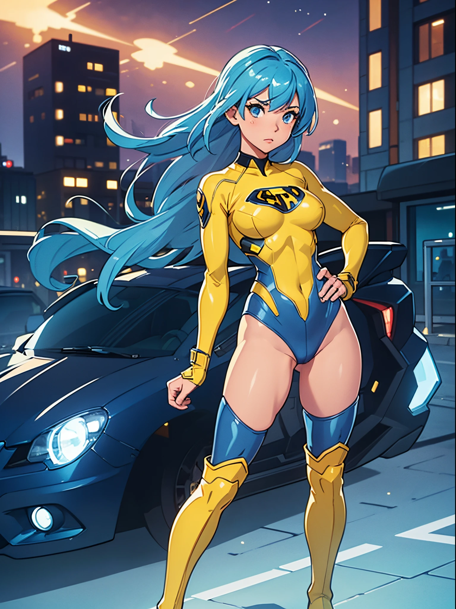 masterpiece, best quality, 1girl, superhero, yellow leotard, bare legs, knee boots, matching boots, medium breasts, heroic, city backdrop, standing, glow, glistening body, body infused with energy, light particles, solo, single, cowboy shot, perfect anatomy, hand on hip, blue hair