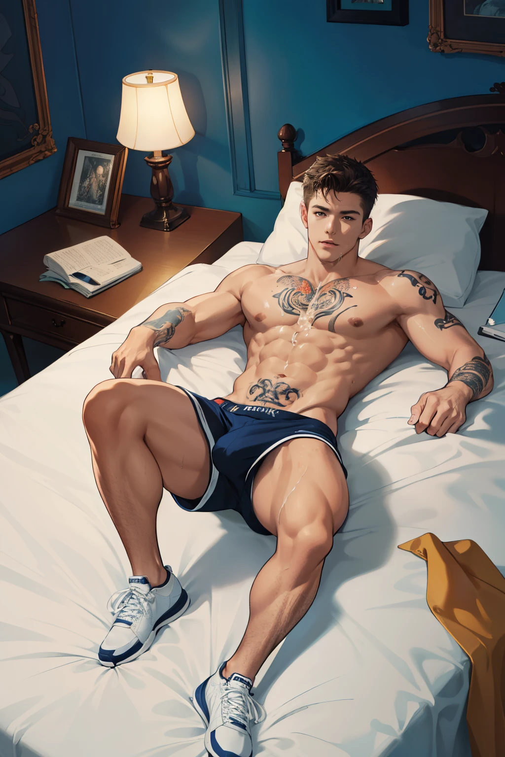 high resolution, ultra detailed, best quality, cinematic lighting, teen 20yo male, full body view, sport body, topless, veined body, bully, tattoo, lying in bed, reebok sneakers, wet body, two males, cumshot, messied in cum