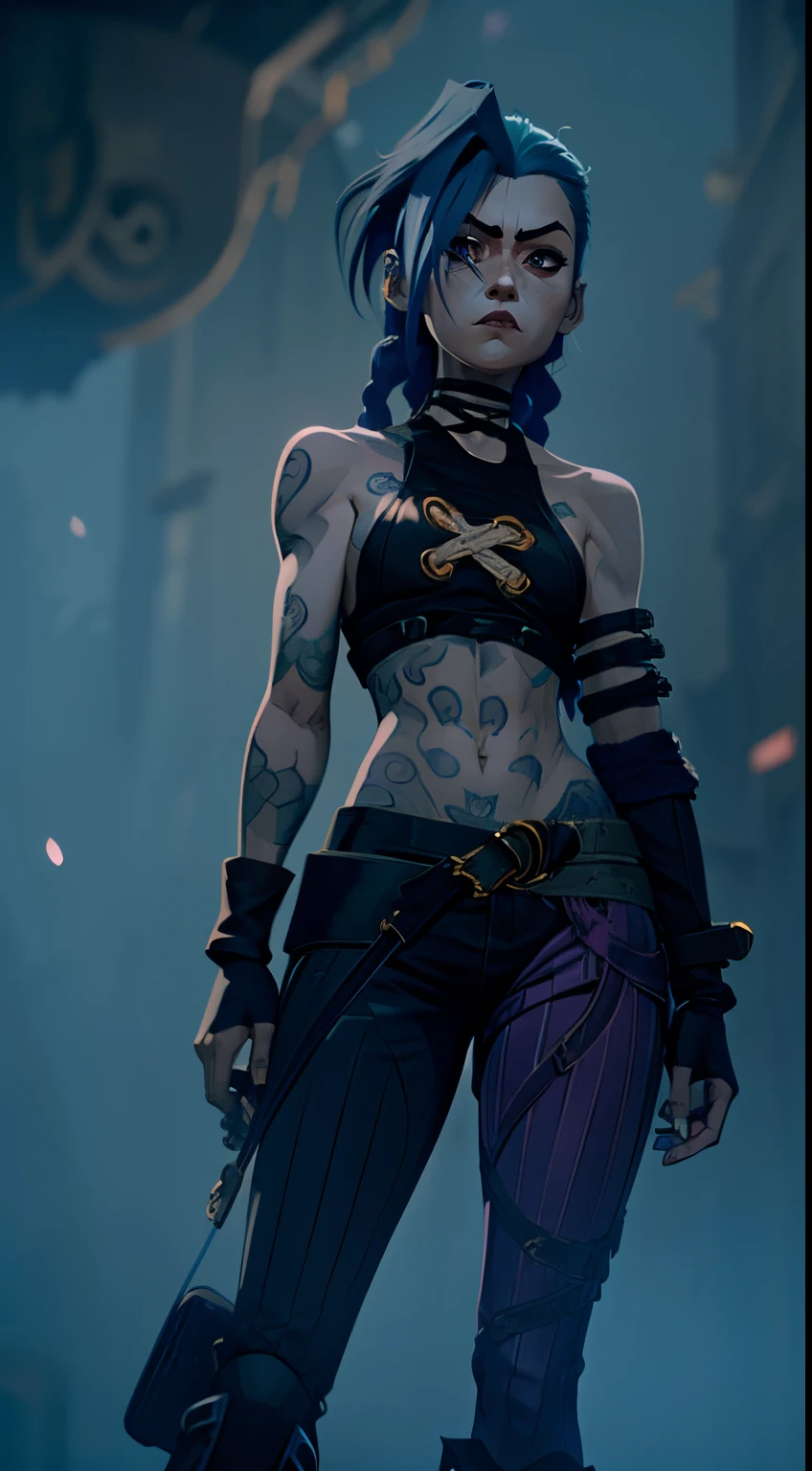 Burning pink pupils,, pink eyes, destroyed slums, Arcane style, the night, explosions, The Flash, 1girl, tattoo on arm, asymmetrical bangs, quiff, Blue hair, braid, Brown top, Skinny black leather pants, Pigtails hang below the knee, Hair color changes from bright blue to navy blue, Dressed in brown breeches, Leather boots on the feet, Top with four gold circles on the chest in the middle of the chest, Blue cloud tattoos on shoulders and waist, Long bangs, hanging on the right side, Belt with cartridges on the belt, A pistol in a holster on his left leg, Arcane style, extremely detailed CG unity 8k wallpaper, detailed light, Cinematic lighting, chromatic aberration, glittering, expressionless, epic composition, dark in the background, high boots, belts with cartridges on the lower back, Tattoo Cloud, looks at the viewer, the madhatter, deranged look, the night, The city, green hair, hairlong, hason, pink eyes, red-lips, Shirt, 独奏, standingn, tattoo, twin braids, upper-body, Lasso against the evil eye, evil eye \(League of Legends\)