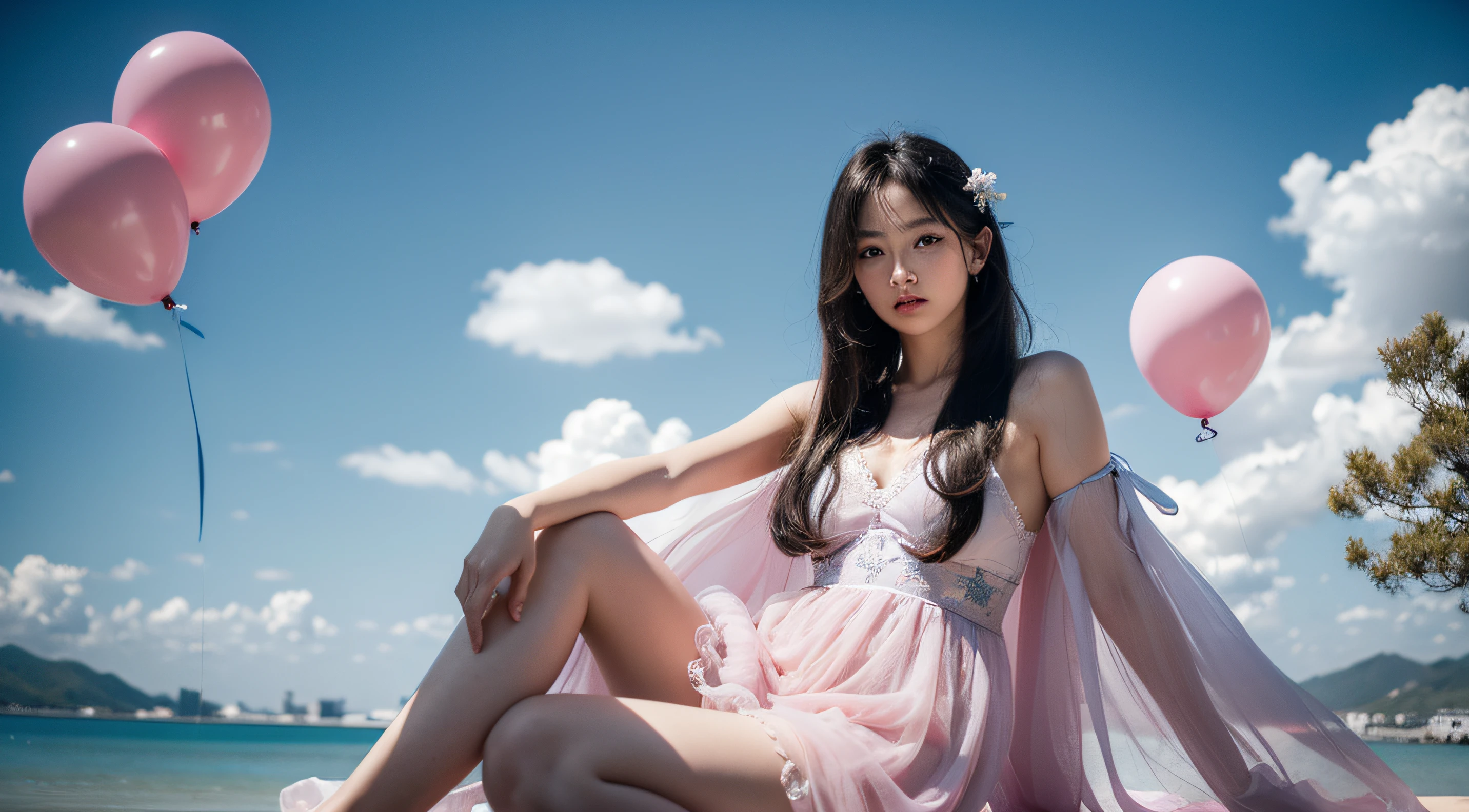 dramatic, gritty, intense:1.4),masterpiece, best quality, 8k, insane details, intricate details, hyperdetailed, hyper quality, high detail, ultra detailed, Masterpiece, light and shade contrast,,full-body image, A beautiful maiden, in a fairy dress, sat on a pale blue ball against a background of three transparent pink balloons, Hair rings, blue sky and white clouds,light pinkand black, surreal urban scenes, kenro izu,traditional portrait painting, unified stageimages,