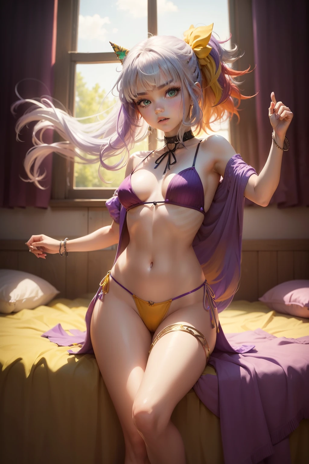 1.5),(1 girl),（very small breasts）,(Dynamic Pose),(multicolored hair+Silver hair:1.3+Red hair:1.2+Purple hair+Yellow hair:1.3+Green hair:1.3),(Blue eyes),(Neck ribbon),(floating),(cloud),(Random awkward poses),(Twilight),(watercolor paiting),(Wide Shot),（Accurate Hand Modeling),anklets,sandal,Relax in your room