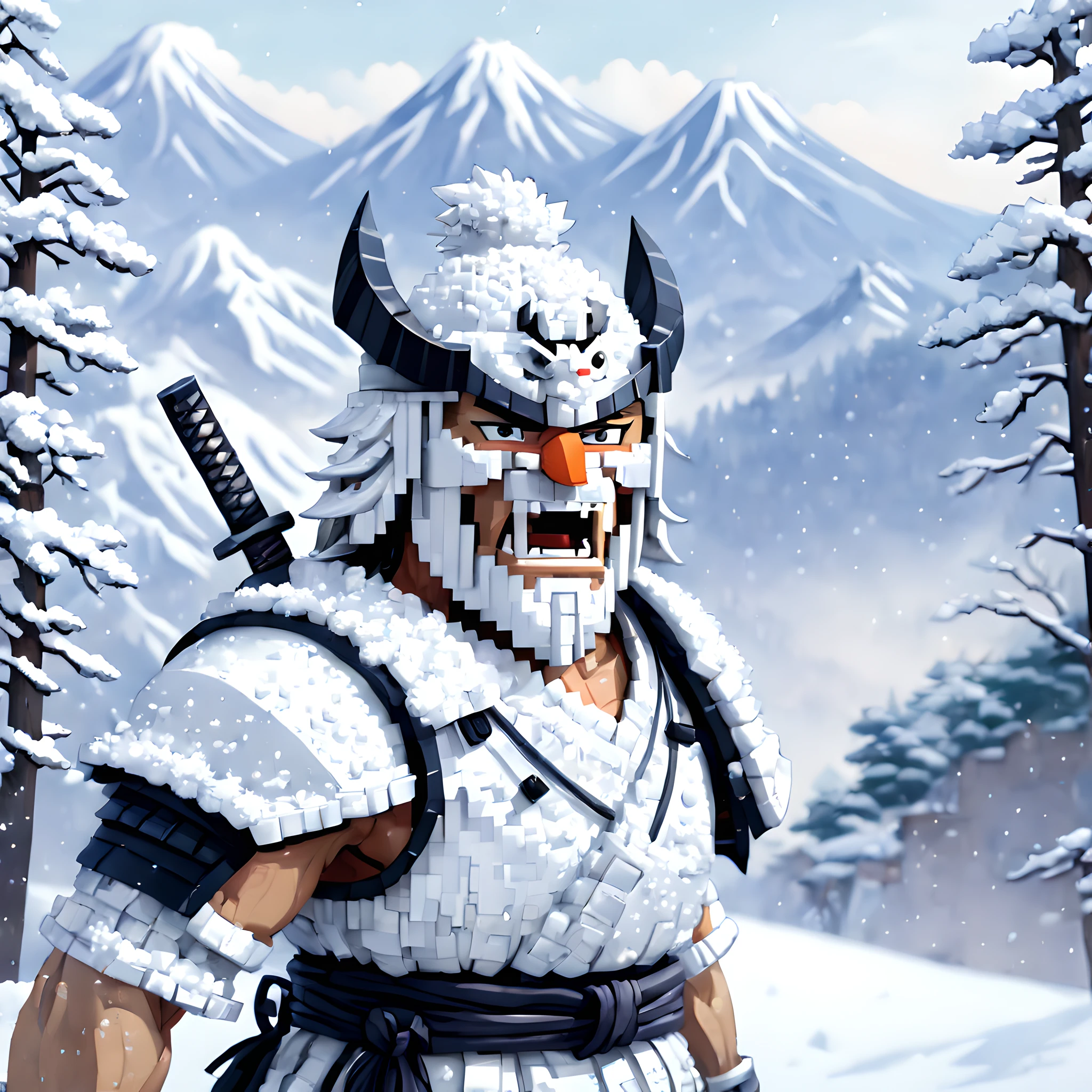(Snowman:1.5),(Pixel art:1.5), (pixel theme:1.5), (fantasy:1.5), (Japanese game character:1.5), (Toshiro Mifune:1.5), (Japanese samurai:1.5), (General Winter:1.5),(snow:1.5), (snowy:1.5), (snow mountain:1.5),(white_out:1.5), (fantastic illustration:1.5),(dynamic:1.3), (absurderes:1.5),(ultra_detailed:1.5),(delicate:1.5),(Detail on facial expressions:1.5),(best quality:1.5),(masterpiece:1.5),
