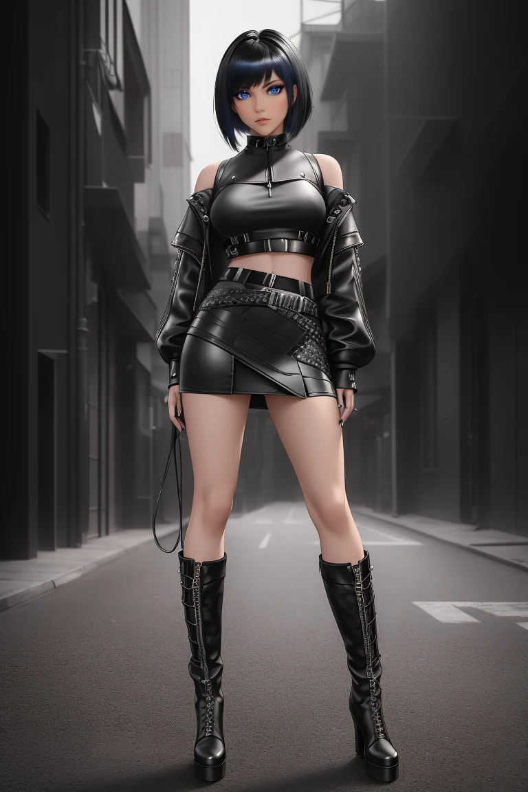 beautiful girl, ((standing:1.4)), (confident gaze:1.1), full body, short bright neon streaked black hair, ((realistic highly detailed eyes:1.4)), ((seductive pose:1.2)), black eyeshadow, (street style wear:1.2), ((short skirt)), ((knee high leather boots)),((dark plain black background:1.4)), dark makeup, digital art, trending on artstation, highly detailed, fine detail, intricate, detailed facial features, sharp focus, smooth, aesthetic,