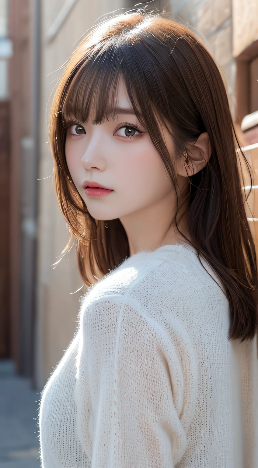 (masterpiece:1.3), (8K, Photorealsitic, Raw photography, Top image quality: 1.4), 20 year old girl、(Random hairstyles:1.2)、Super Detail Face、Eye of Detail、double eyelid、sharp focus:1.2、prety woman:1.4、light brown hair、poneyTail、Natural color lip、top-quality、masterpiece、超A high resolution、(Photorealsitic:1.4)、very detailed and professional lighting、Wear a red sweater、slender、serious facial expression、Transparent skin、randome pose、Glowing hair、Engraving Model Pose、