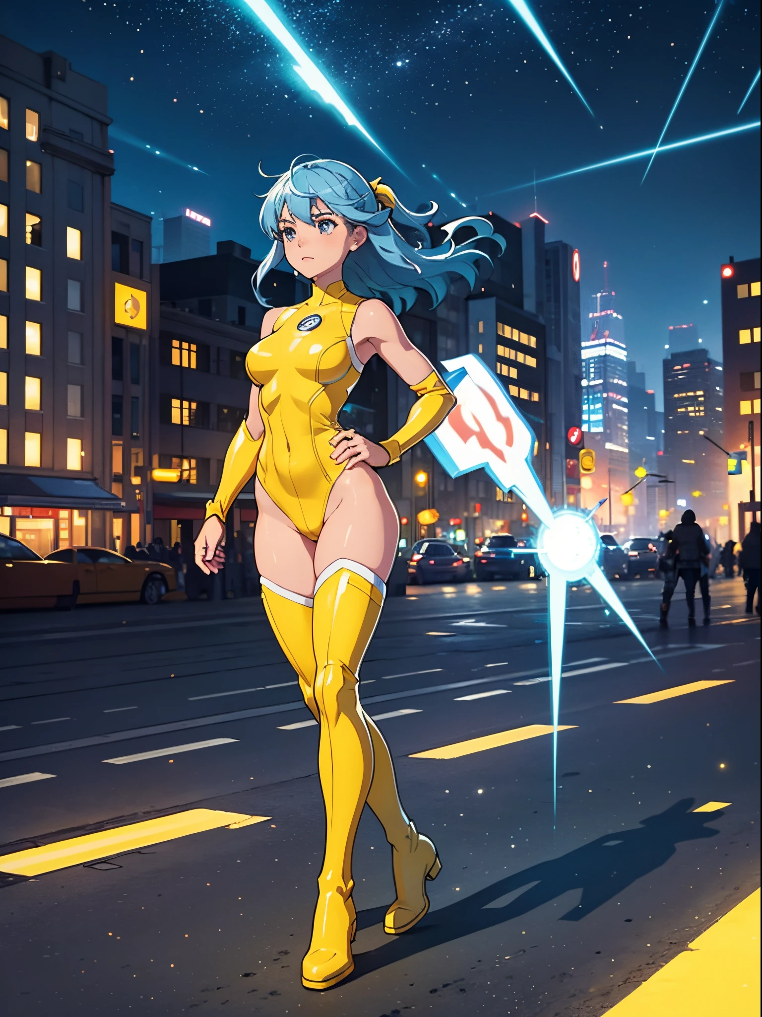 masterpiece, best quality, 1girl, superhero, yellow leotard, bare legs, knee boots, matching boots, medium breasts, heroic, city backdrop, standing, glow, glistening body, body infused with energy, light particles, solo, single, cowboy shot, perfect anatomy, hand on hip, blue hair