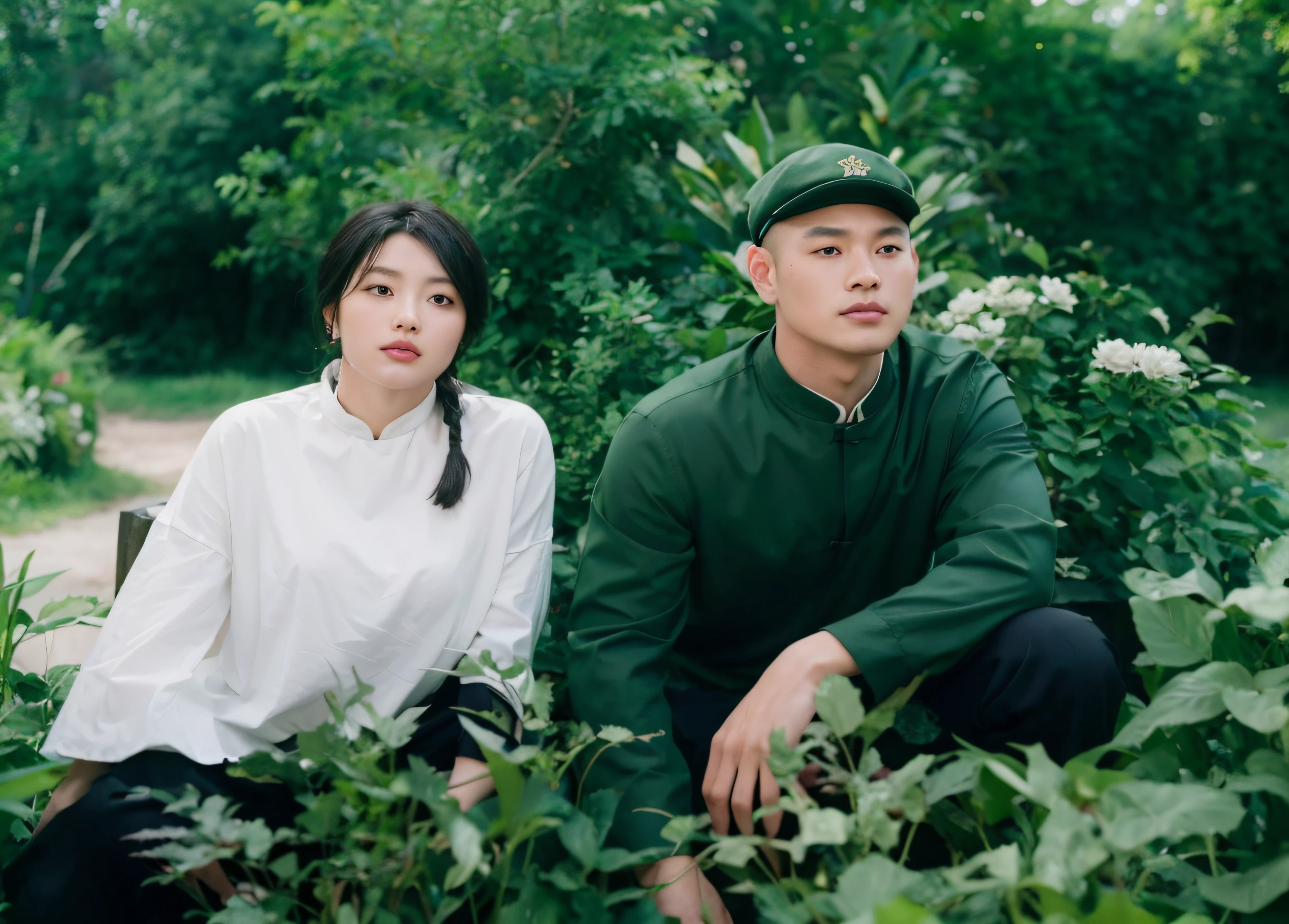 Portrait photo of a Chinese girl and a Chinese man，The man's face was thin，without a beard，Good facial features，Symmetrical facial features，The ears are symmetrical and clear，Ultra-clear and realistic facial features，Wearing green military uniform，The texture of the clothes is clear，Ultra-clear texture，Camera shooting effect，Light and shadow are natural，Symmetrical clothes，The collar is symmetrical and coordinated，Ultra-clear realistic 8K,Women&#39;s facial features are symmetrical，beautiful and natural hair，With a braid，In a white blouse shirt，Symmetrical collar，Very detailed eyes and face,hyper-detailing, High definition, Very detailed, Best quality, Masterpiece, , Realistis, Real, 8K wallpaper,Woods in the background，There are leaves in the foreground，How many flowers are there， (Photorealistic: 1.2) (Bokeh: 1.2) (Best quality) (Color grading) (Detailed skins: 1.3) (complex) (8K)(Movie lighting: 1.3) (Sharp focus), Glossy glossy skin, Front-facing Ultra HD, Digital SLR, Soft lighting, High quality, Skin texture, filmgrain, Close up, 超高分辨率,