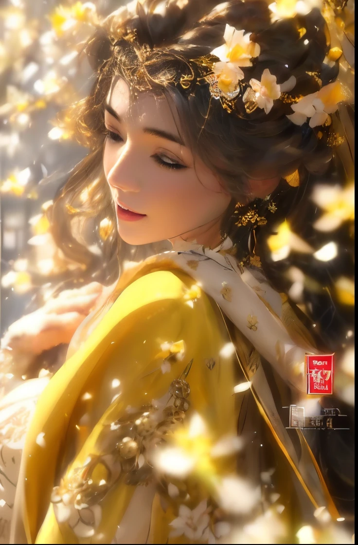 a close up of a woman wearing a yellow dress and a flower crown, palace ， a girl in hanfu, trending on cgstation, by Yang J, 🌺 cgsociety, beautiful character painting, by Li Fangying, beautiful render of tang dynasty, artwork in the style of guweiz, ((a beautiful fantasy empress)), by Yu Zhiding