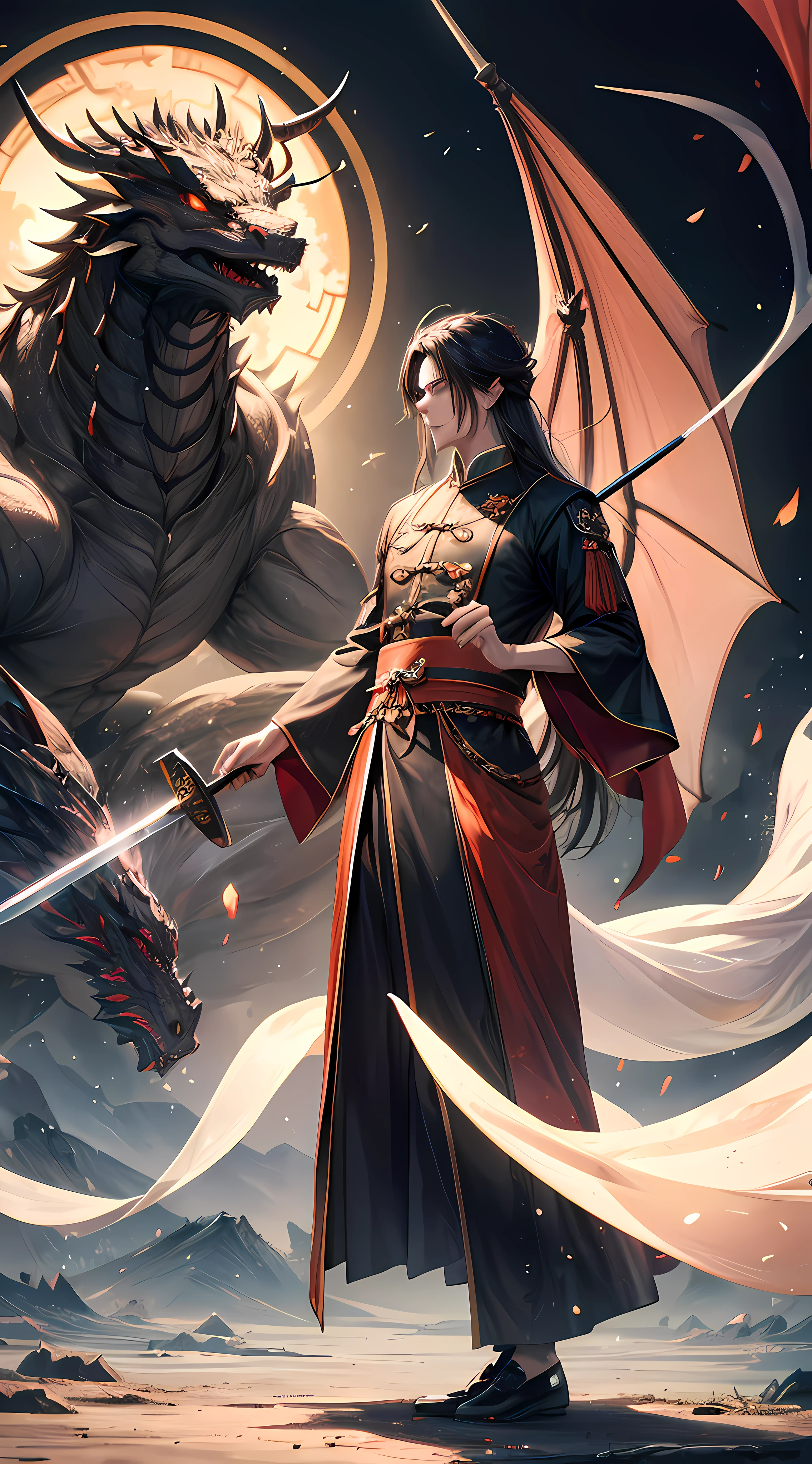 China style, 中景 the scene is, The mechanical-style Taoist priest stood in front of a huge transparent dragon,reaching out her hands,With a sword in his right hand, he confronts the dragon, Long messy hair, Glow effect, Hyper-realistic, Ultra photo realism, Chinese black and white ink style, Silver, Decolorization, Smudge, Inky, super-fine, high quality, 16k