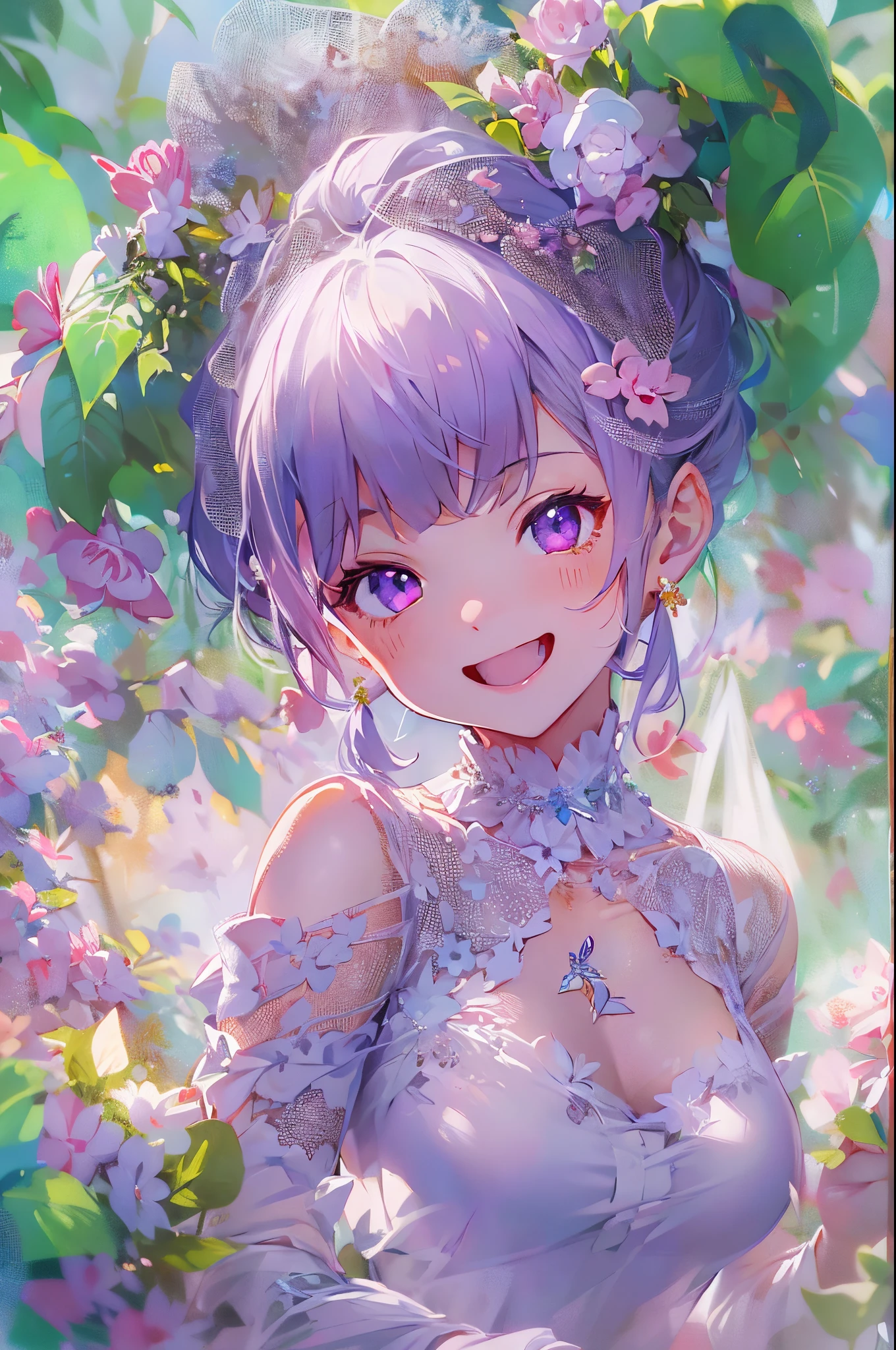 ​masterpiece、high detail girls（（独奏、a beauty girl、doress、Hair ornaments with attention to detail、Hair is tied up））、purple color  hair、Bun、Short Bob、Transcendent smile、smile、Background with((fantastic wedding))、Glowing flower garden、diamond flower、Pedras preciosas