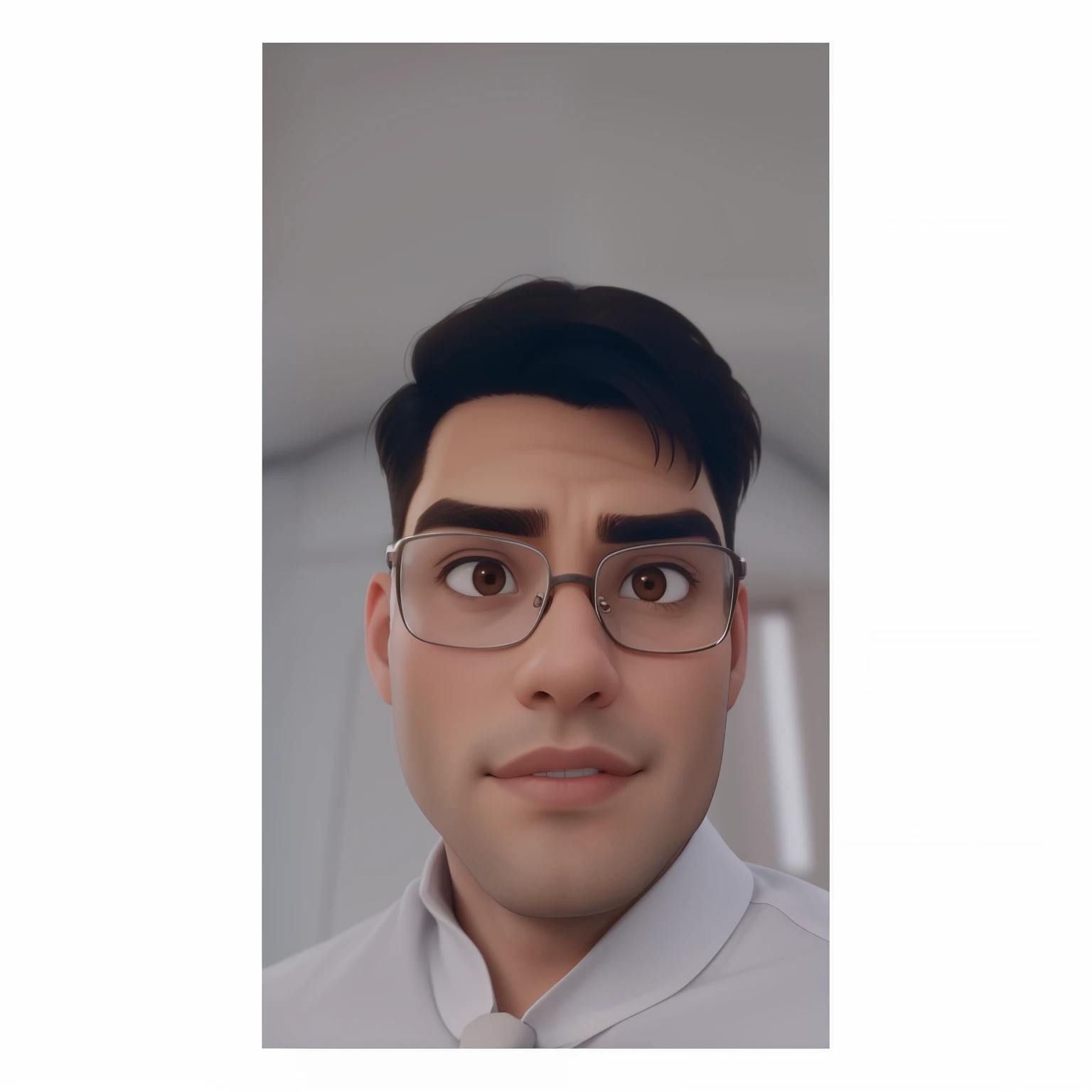 A man of 30 years old, with short brown hair,diamond face, strict look, and brown eyes, wearing white white shirt with necktie and glasses.