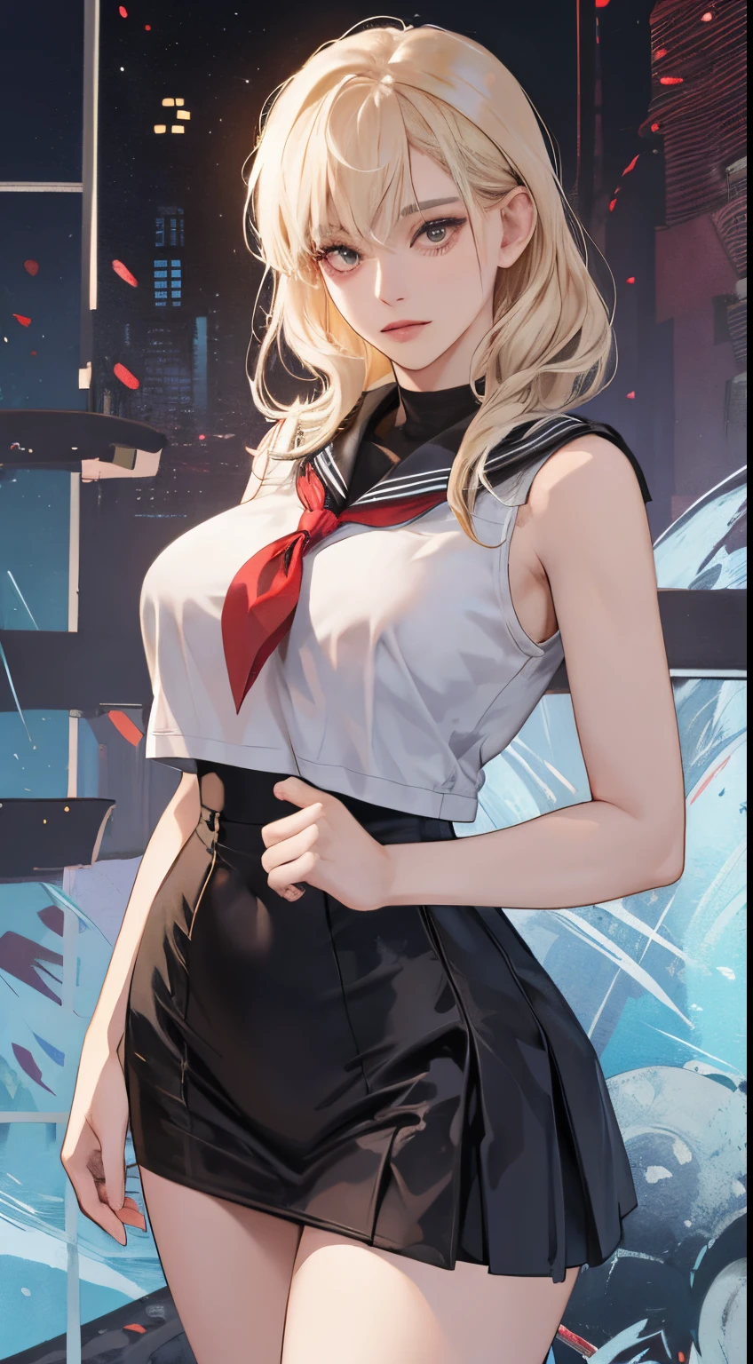 top-quality、realistic touch,high-detail、photoRealstic、、Long body、Delicate body、skirts that are too short、big eye、Big breasts that will tear your clothes、Strong platinum blonde eyelashes、platinum-blonde、Beautie、A sexy、full body Esbian、Flushed cheeks、Stare at me with teary eyes、Kamimei、thin-waist、Sleeveless、Voluptuous thighs、shiny rubber material、a sailor suit、Not wearing pants、Restraints