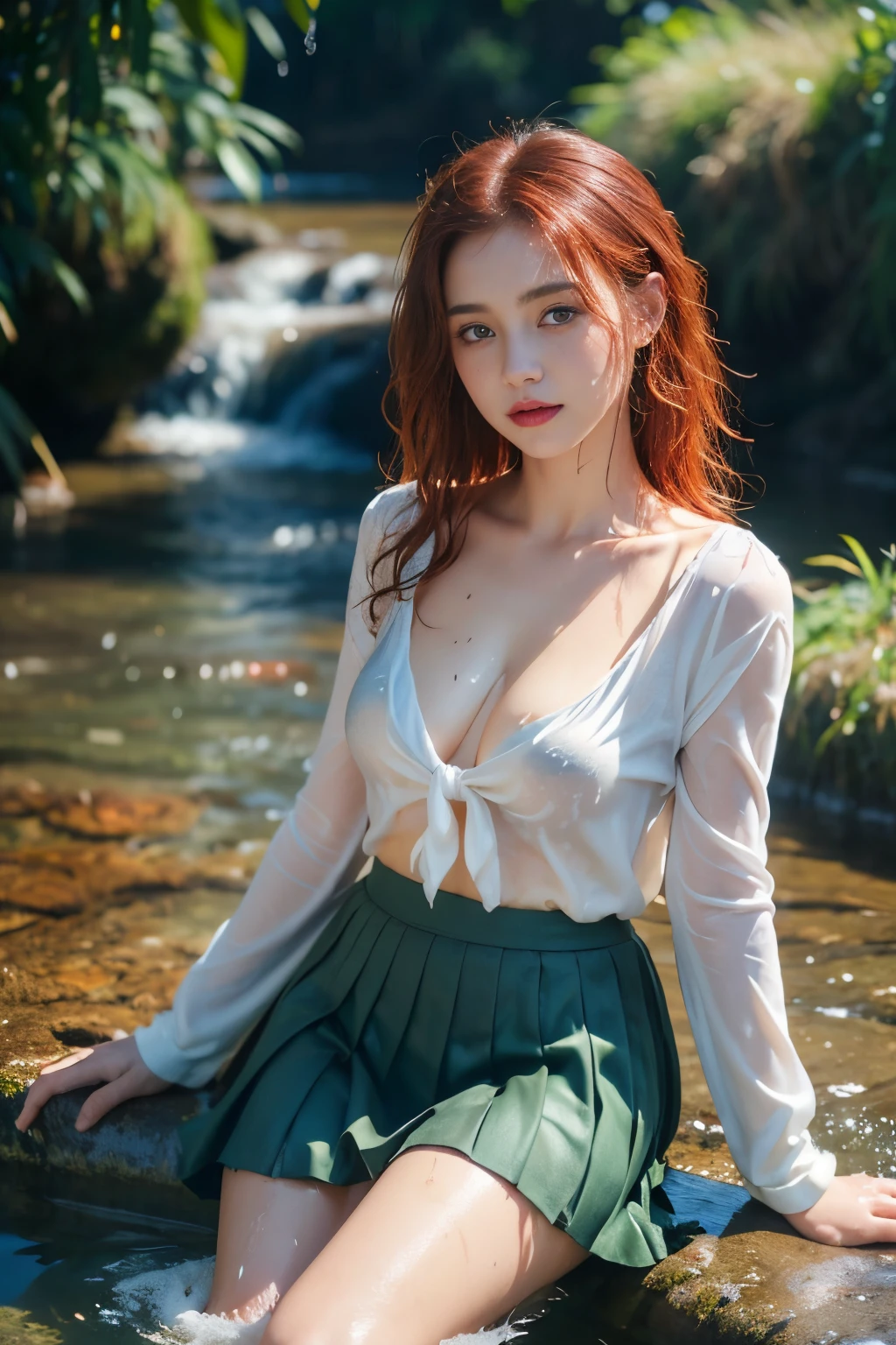 20 yo woman in a school uniform is sitting in the water, petite, short wavy red hair, dark freckles, long sleeves, cardigan, (tie), ((pleated skirt)), closeup fantasy with water magic, beautiful maiden, wearing a skirt made of water, cleavage, realistic oil painting, dripping wet, in water up to her shoulders, beautiful realistic painting, nymph in the water, hyperrealist portrait in a river, hyperrealistic fantasy art, splashing, realistic fantasy painting, cute shot, narrow depth of field, 8k, nsfw, ((drenched)), ((soaked)), (dripping water), dripping oil, heavy clothes, soaked in oil, wet all over, rouge lipstick, wet dripping hair, wetshirt