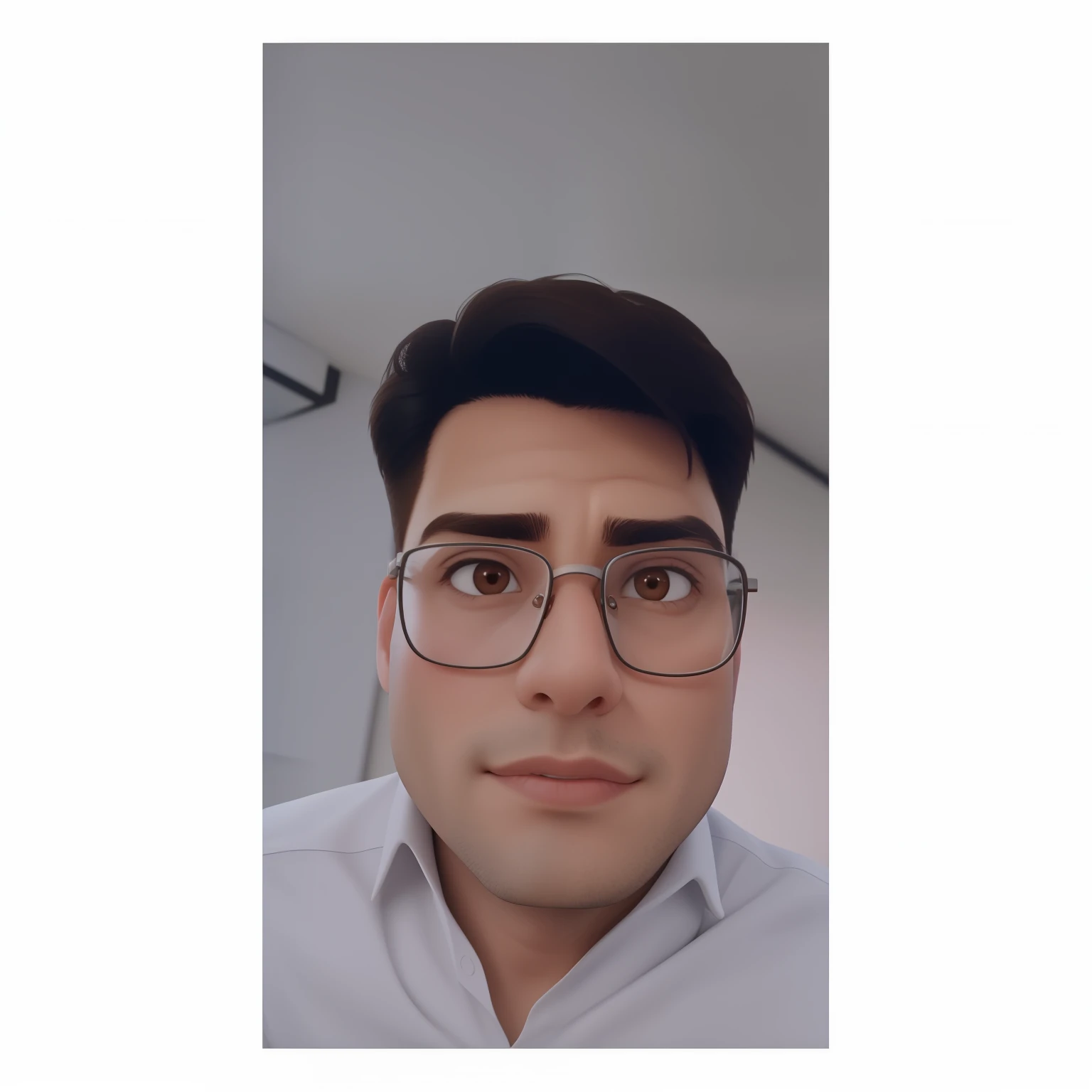 A man of 30 years old, with short brown hair,diamond face, strict look, and brown eyes, wearing white white shirt with necktie and glasses.