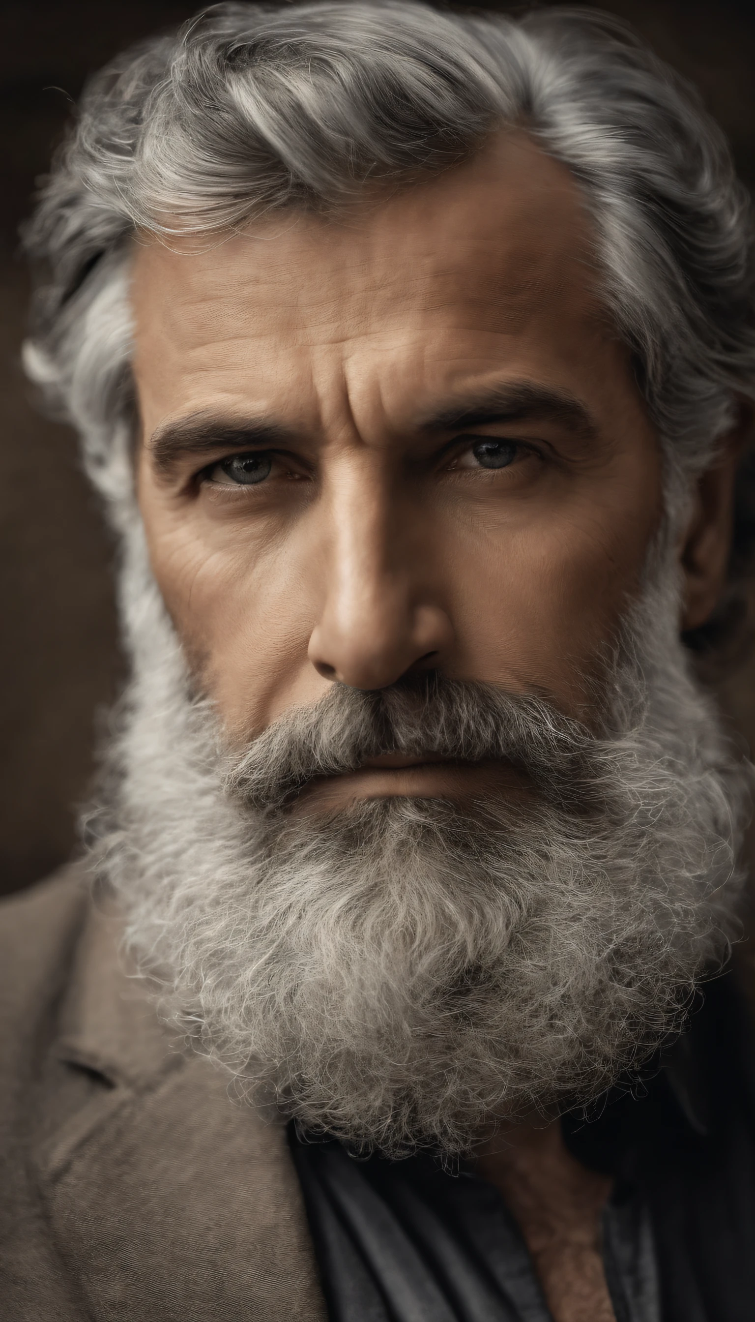 A bust of an intelligent and imposing man, Since the age of 40, Thin, Beard and gray hair, The expression is serious,Experienced. High definition. Inspiration for the ancient Greeks. "Right in front of the camera