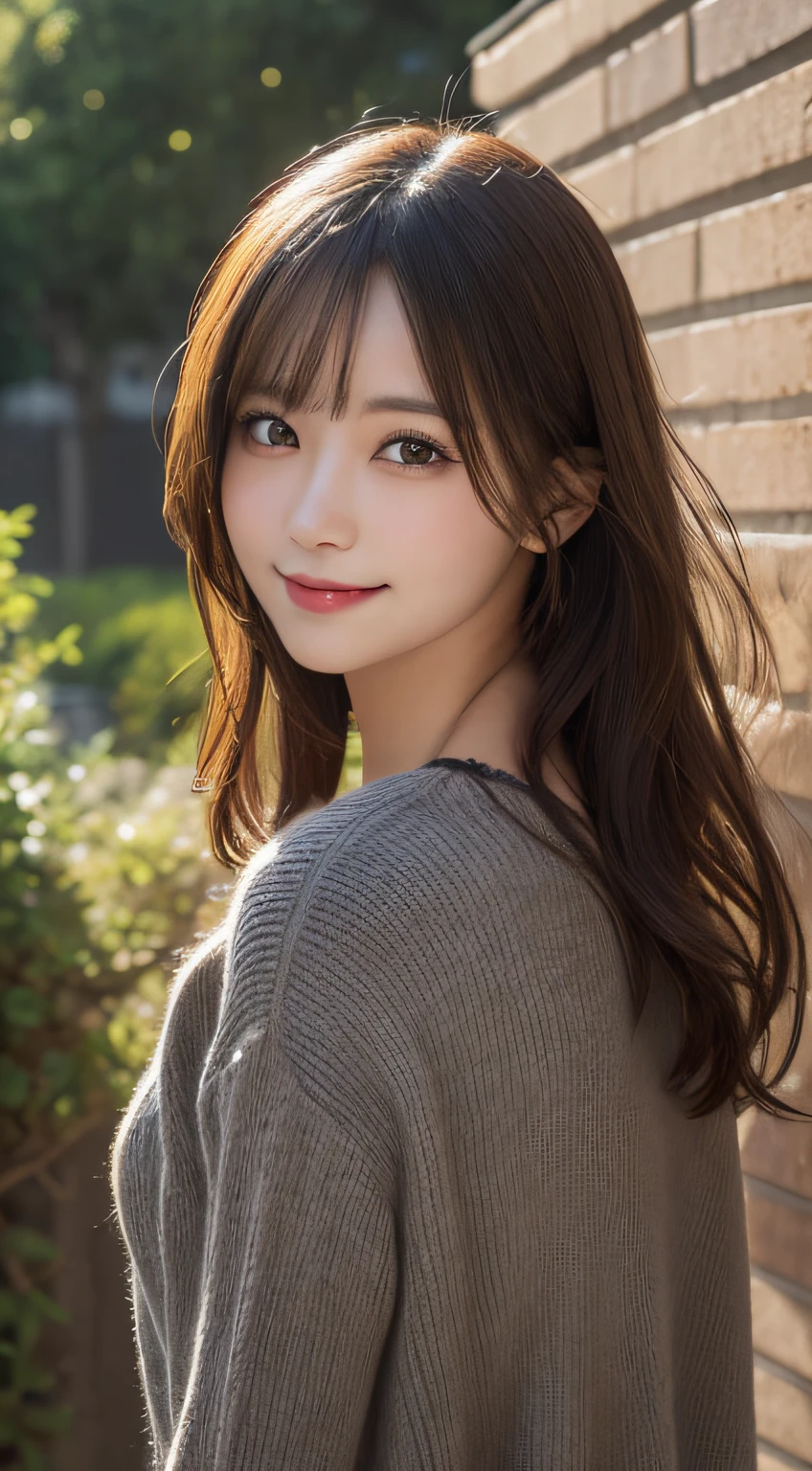 ((Highest quality, 8K, masterpiece: 1.3)), 1 female, Japanese, The beauty of slim abs: 1.3, (Dark chestnut brown, loosely wavy short hair: 1.2), Blue summer knit: 1.1, V neck design, , Perfect figure, Upturned chest, Delicate eyes, double eyelid, smile, garden, RAW Photos