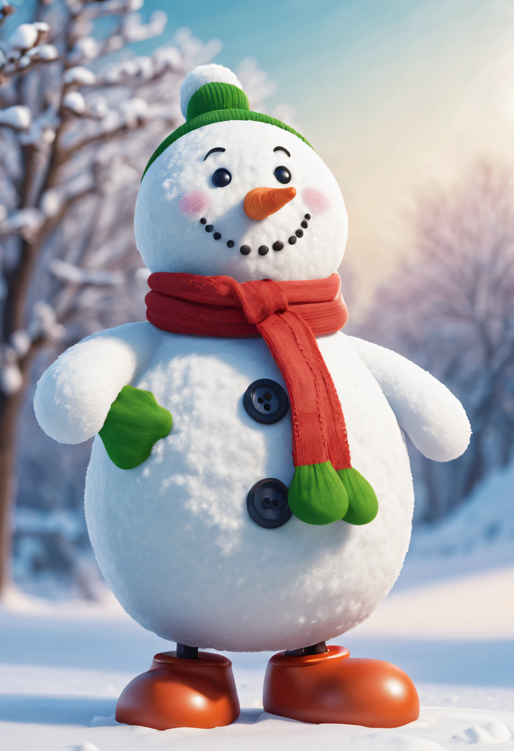 (best quality,4k,8k,highres,masterpiece:1.2),ultra-detailed,(realistic,photorealistic,photo-realistic:1.37),bright snow,clear blue skies,Fun,playful atmosphere,colorful winter clothes,cute accessories,magical snowfall,tall snowman with three sections,round snowballs for the body,carrot nose,coal buttons and eyes,twig arms,green scarf,red hat with a fluffy white pom-pom,frosty breath in the air,sparkling snowflakes,footprints in the snow,kids building snowmen,smiles and laughter,joyful winter scene,faces glowing with happiness.