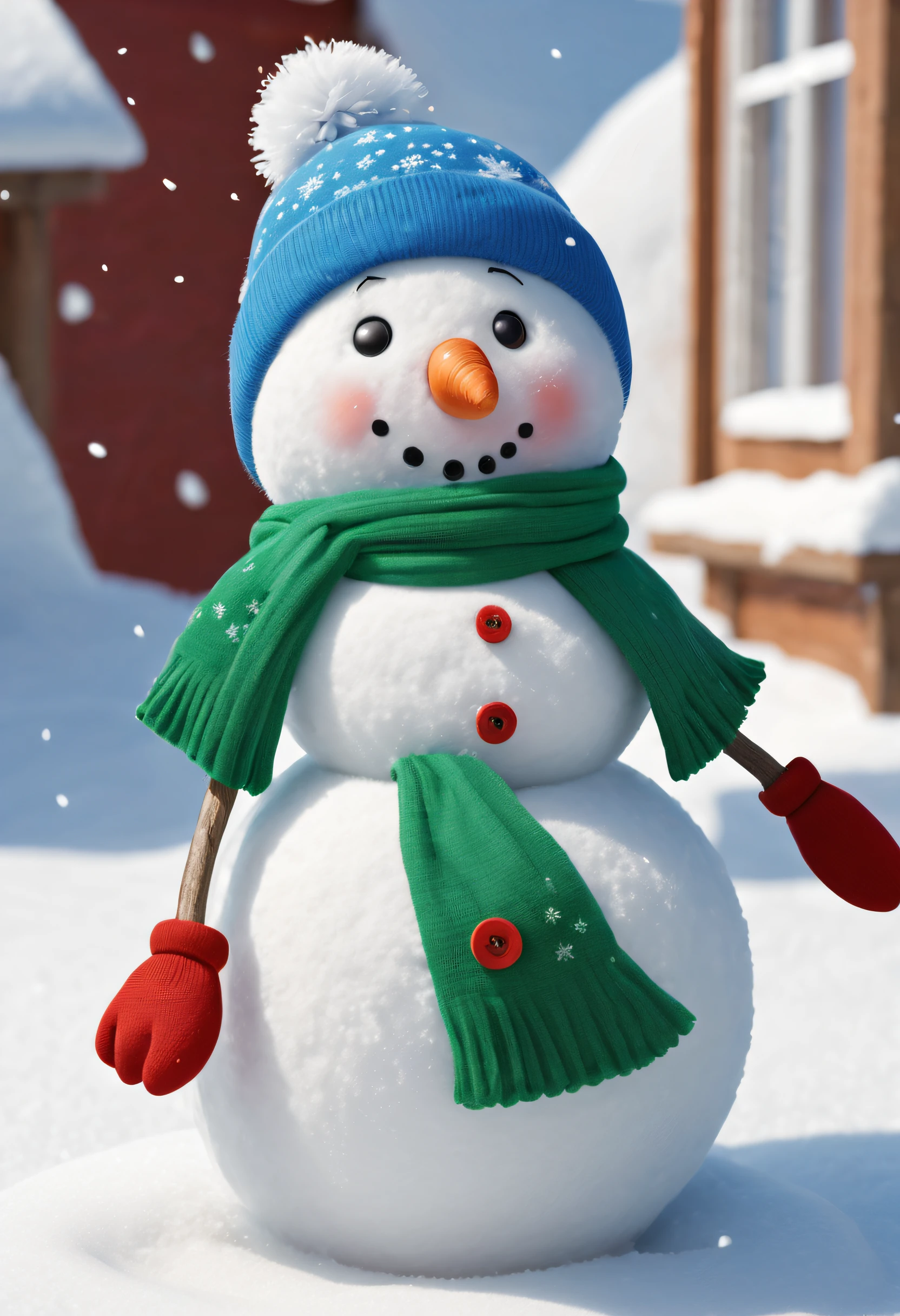 (best quality,4k,8k,highres,masterpiece:1.2),ultra-detailed,(realistic,photorealistic,photo-realistic:1.37),bright snow,clear blue skies,Fun,playful atmosphere,colorful winter clothes,cute accessories,magical snowfall,tall snowman with three sections,round snowballs for the body,carrot nose,coal buttons and eyes,twig arms,green scarf,red hat with a fluffy white pom-pom,frosty breath in the air,sparkling snowflakes,footprints in the snow,kids building snowmen,smiles and laughter,joyful winter scene,faces glowing with happiness.