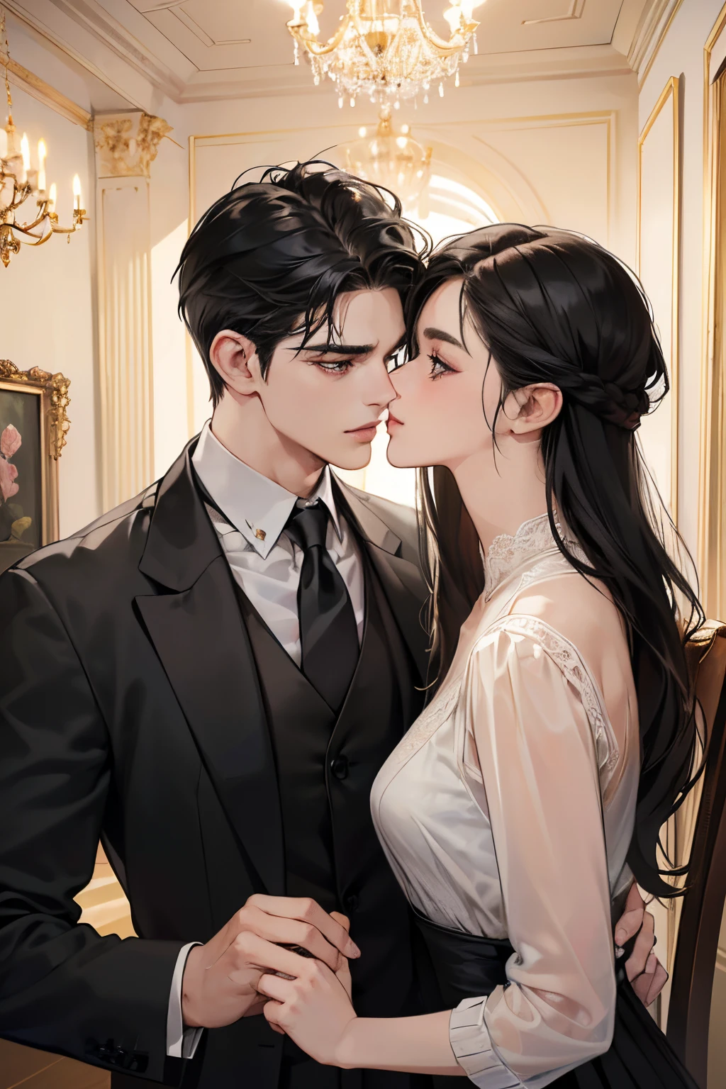(masutepiece, Digital Art, Digital Illustration, 4K, 8K, Ultra-detailed, beautiful image, Sharp Image, Photorealistic, Raw photo, Perfect face, Perfect lines, Perfect eyes, Soft lighting) 1 woman, (Long Black Hair,straight haired,Bullish gaze,Beautie,Woman in suit,Solid makeup,23 y-o woman,small tits:1.3),Secretary, Two handsome men in suits, (ember,Men in suits,well-muscled,Firm shoulder width,Adult male,Boyish hairstyle,English gentlemanly style,Man in his 30s with a cool expression,28-year-old man with bright smile:1.2),Office scene at night,Antique furnishings,Antique Clamps,Antique chair,chandeliers,Parti、a couple、couple kissing、kiss、the kiss、Romance、Kissing