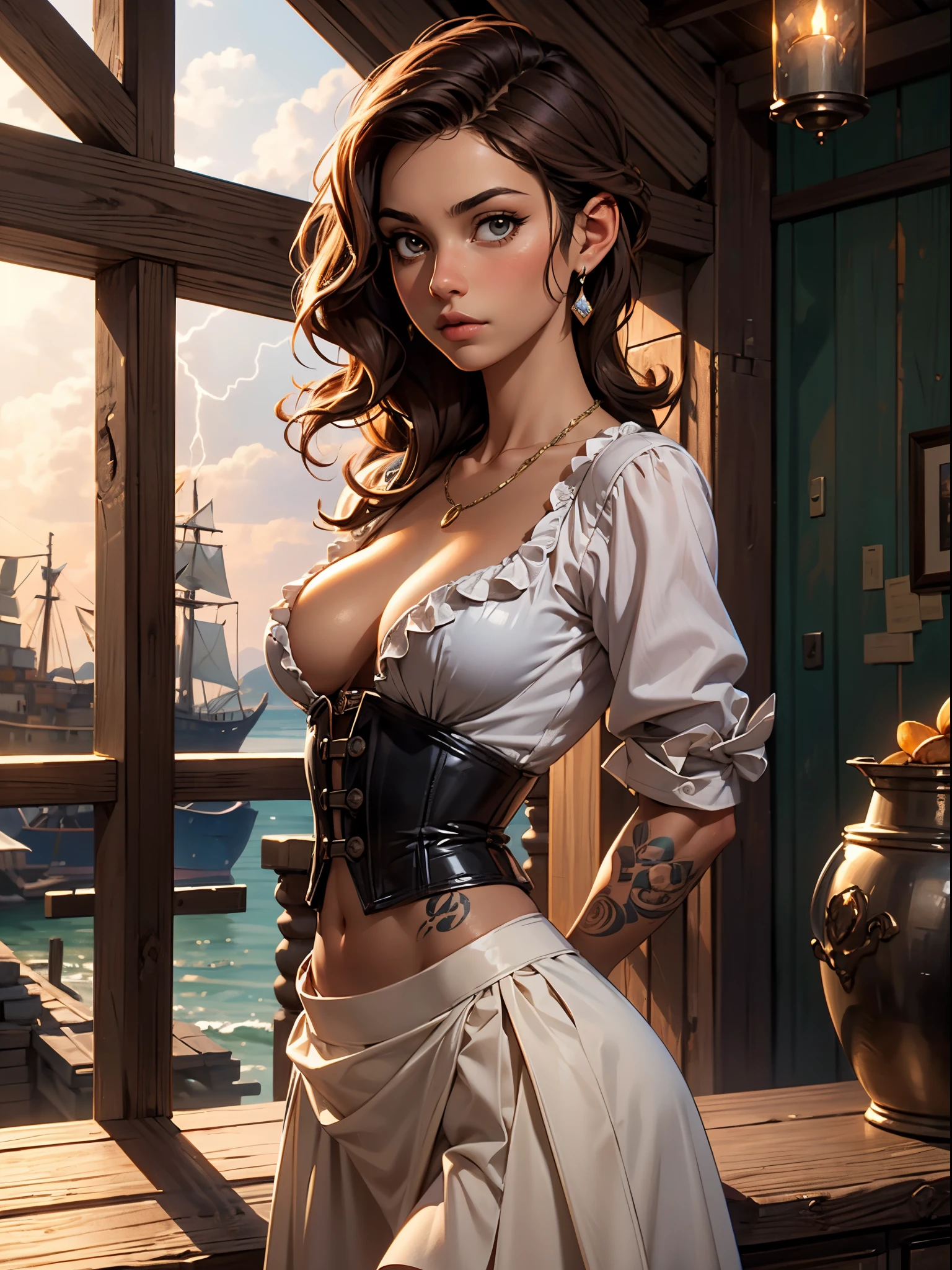 (​masterpiece), (top-quality), sunset, natural lights, ,(realistic:1.5), 1girl, long brown hair, slim, looking at viewer, eye contact, stunnignly beautiful 20 years old mexican girl, pirate era, tavern wench, , detailed pirate era tavern in background, corset, short_skirt, shell necklace, tattooos, athletic body, toned midriff, cleavage, unbuttoned silk_shirt, medium breasts, upper body, mid shot, masterpiece, detailed, mature, bright colors, high saturation, stunningly beaufiulf girl, hazel eyes, dark brown hair, wavy hair, tanned, dark skin, caribbean, pirate_era, renaissance_era, enahnced_beauty, precise hands, confident look、snile, inviting expresson, Clear eyes, Shining eyes,, ultra-definition, Top resolution,  soft lightning