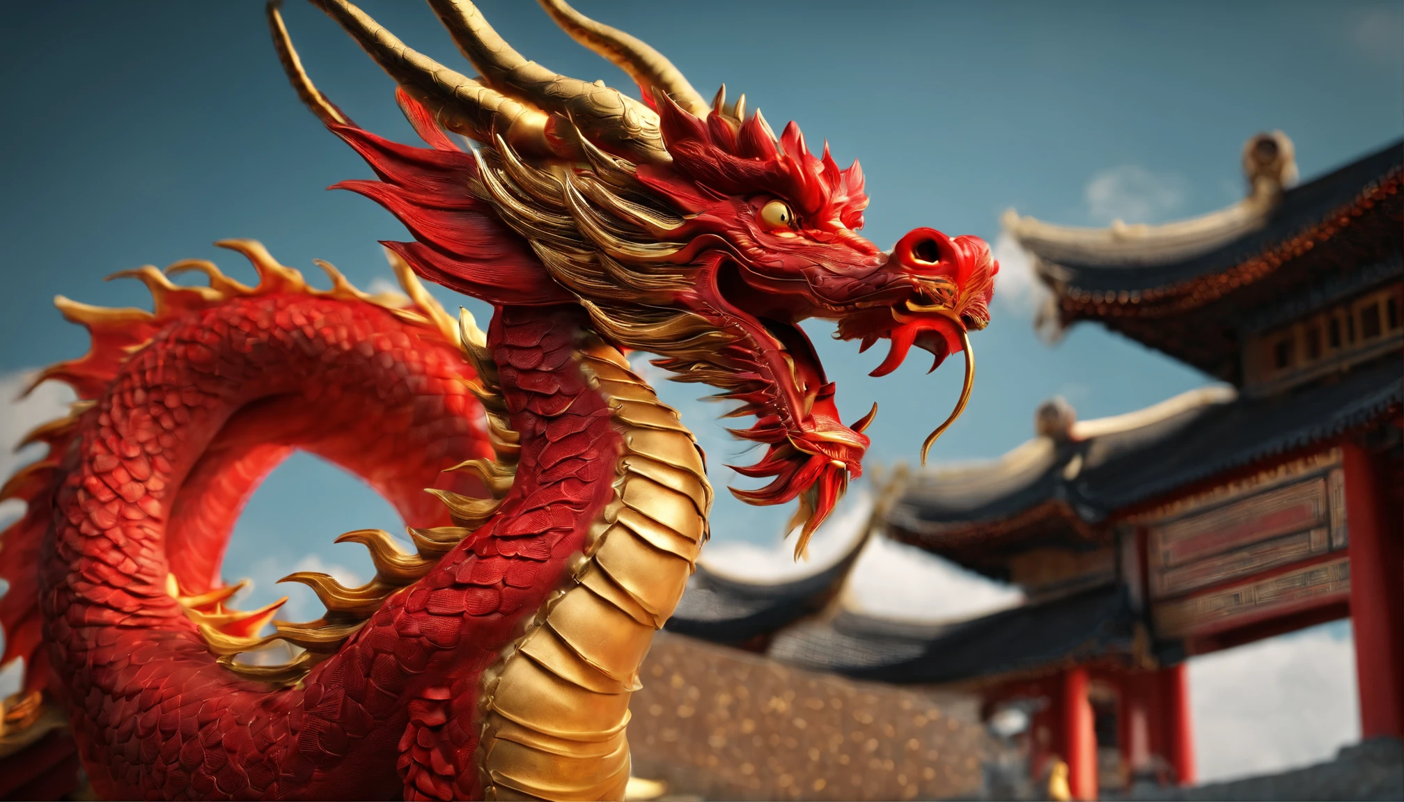 "Very beautiful Chinese red dragon 3D rendering，Dynamic representation, Vivid effects and details，Superior image quality，A high resolution，Many colors,　Many coins, treasures"