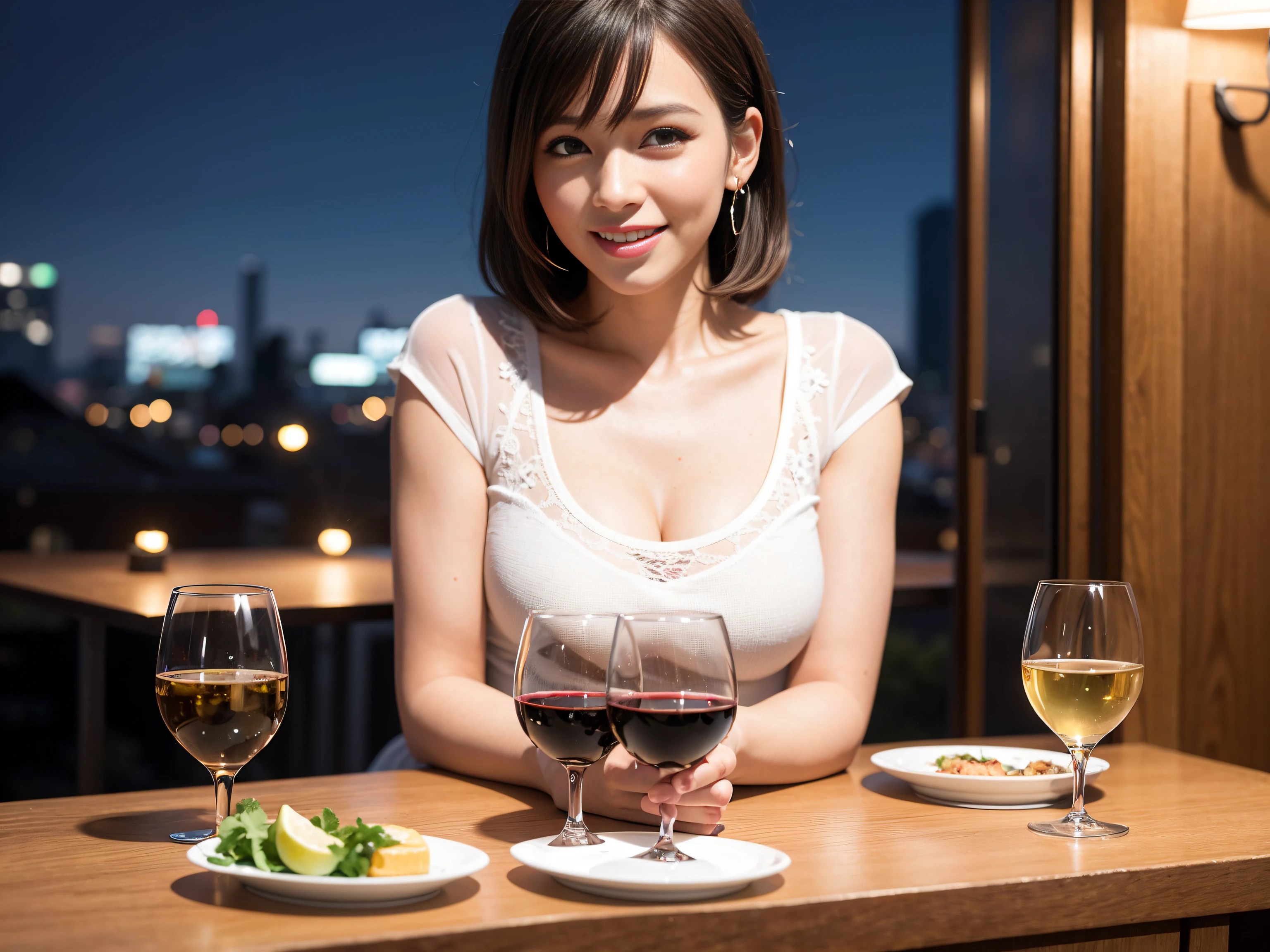 (64K, UHD, top quality, masterpiece: 1.2), (realistic, photorealistic: 1.37), super detailed, pretty woman 1 person, (slim face), (slim body), (brown hair), (short cut), cheeks slightly blushing, (44 years old), 38 years old, solo, beautiful detailed urban night view outside the window, restaurant, wine glasses sit, at night, in a prominent placeNovaFrogStyle, Actress, Model, Waist Up, White Wine, Slim, Wine Glass, Super Clean Night View, Wine Glass Put in the Middle, Happy Smile, (Smile: 1.15), Beautiful Fine Eyes, Upper Body, Bust Japan Up, Night, Short, Short, Actress, Model, Waist Up, White Wine, Slim, Wine Glass, Super Clean Night View, Wine Glass Put in the Middle, Happy Smile,