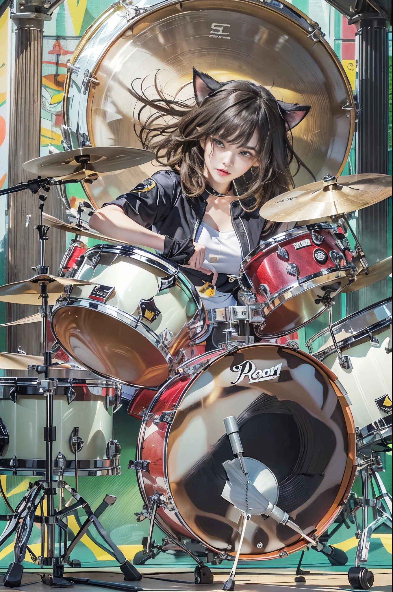 A woman who plays drama at a live performance、brunette disheveled hair、Detailed drum set:1.2、((Consists of bass drum, floor tom, snare drum, tom tom, hi-hat cymbal, ride cymbal, and crash cymbal.))、(Pearl drum set)、((Pear drum set SSC925S:1.2))、Cat's ears