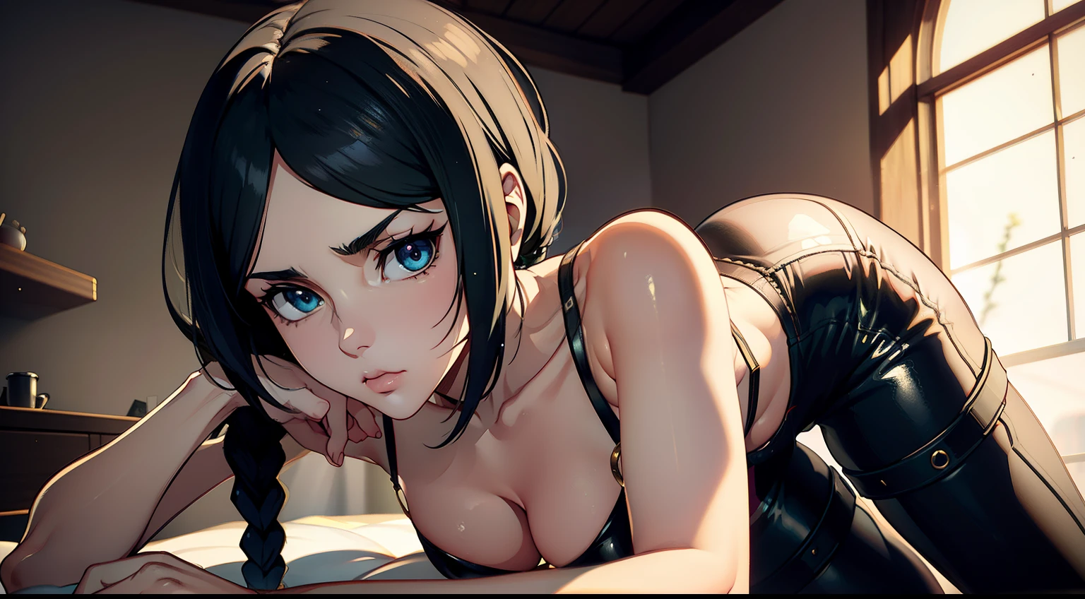 photo portrait, Beautiful figure, Lucy from the anime series Cyberpunk Edge Runner, Erotica, Nudie, half naked, a 1girl, facing the viewer, Beautiful figure (Proper Anatopy 1.1.), in full height (Body Full 1.1), Slim, Slender figure, Slender figure, shapely legs, leather pants, Anime style, white colored hair, white colored hair, that disappear at the ends, Bob hairstyle, short white jacket, tight black suit, Cutouts on the shoulders, Cutouts on the chest, Skinny black leather pants, Very detailed face, Very beautiful face, Very sexy ass, in full height (Body Full 1.1), Tall android girl, small elastic breasts, Little ass, Hair is gathered in a braid, Beautiful slim figure, small buttocks, A braid around the head, Round braid, Red Star in the Forehead, Short Brown Jacket, black tight suit, darkly，gris & Dark Style：1.1), Light, femininity，tmasterpiece，beste-Qualit，higly detailed，Visible to the feet， 8K resolution， High Sharp， 8K resolution， higly detailed， 8K UHD， Professional lighting， Photon mapping，physical based rendering， a perfect face， detailed face and body， ray traced， expressive look， Cinmatic Lighting，elastic small breasts, Heightened sexuality，