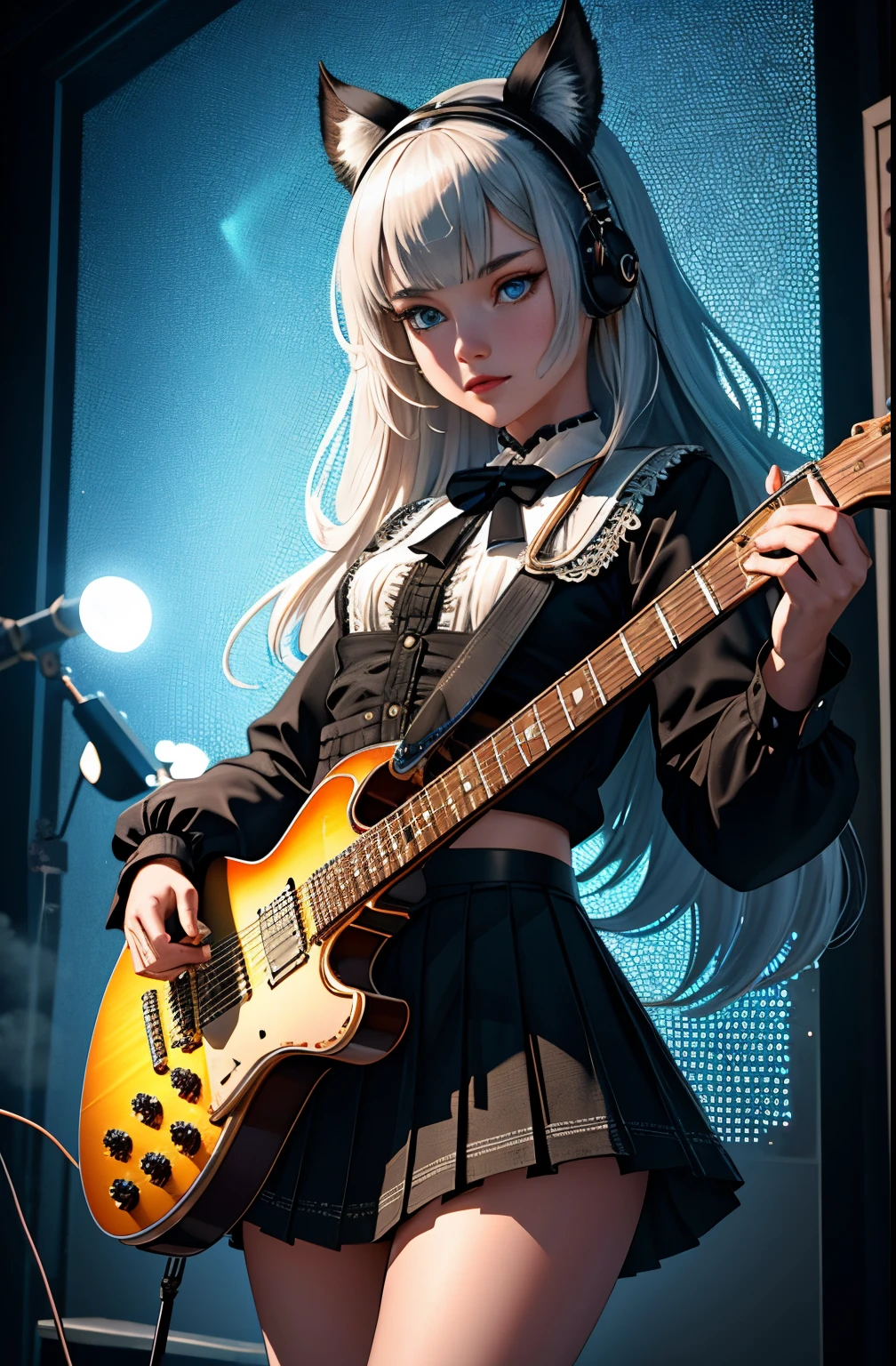 ((1girl)), ((cinematiclight)), Colorful, Hyper Detail, Dramatic light, intricate details, Best Quality, (CG Unity 8k обои чрезвычайно детализированные, Masterpiece, Best Quality, Ultra-detailed, better shadow), (Detailed background: 1.4), (Beautiful Detail Face, beautiful detail eyes), High contrast, (better lighting, extreamly delicate and beautiful), (Girl: 1.5), 独奏, Gothic skirt, blue eyes, electric guitar, Guitar, earphones, instrument, Long hair, music, Side up, Play Guitar, pleated skirt, black undershirt, interior ((Caustic)), Dynamic Angle, Beautiful detailed glow, Whole body,