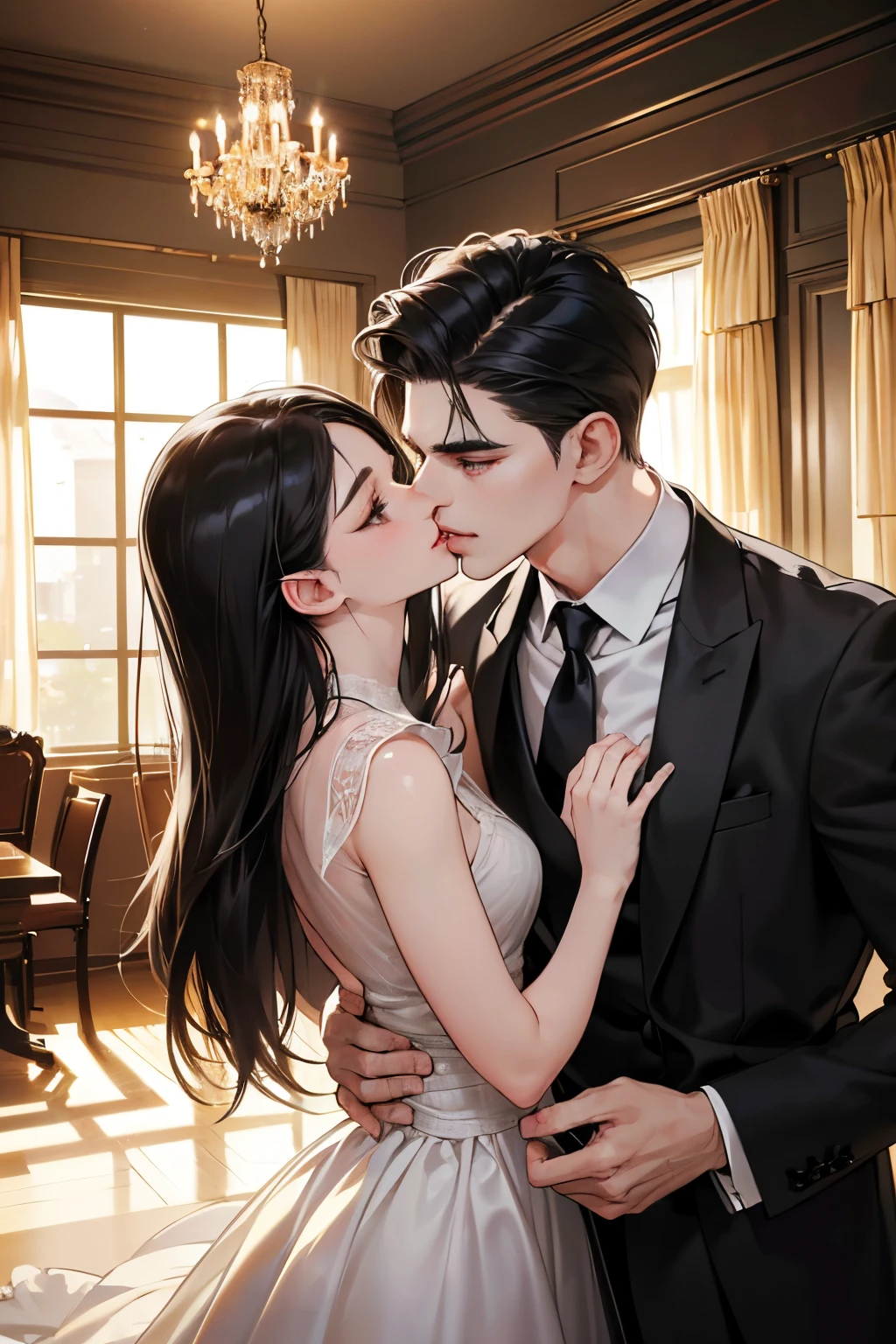 (masutepiece, Digital Art, Digital Illustration, 4K, 8K, Ultra-detailed, beautiful image, Sharp Image, Photorealistic, Raw photo, Perfect face, Perfect lines, Perfect eyes, Soft lighting) 1 woman, (Long Black Hair,straight haired,Bullish gaze,Beautie,Woman in suit,Solid makeup,23 y-o woman,small tits:1.3),Secretary, Two handsome men in suits, (ember,Men in suits,well-muscled,Firm shoulder width,Adult male,Boyish hairstyle,English gentlemanly style,Man in his 30s with a cool expression,28-year-old man with bright smile:1.2),Office scene at night,Antique furnishings,Antique Clamps,Antique chair,chandeliers,Parti、a couple、couple kissing、kiss、the kiss、Romance、Kissing