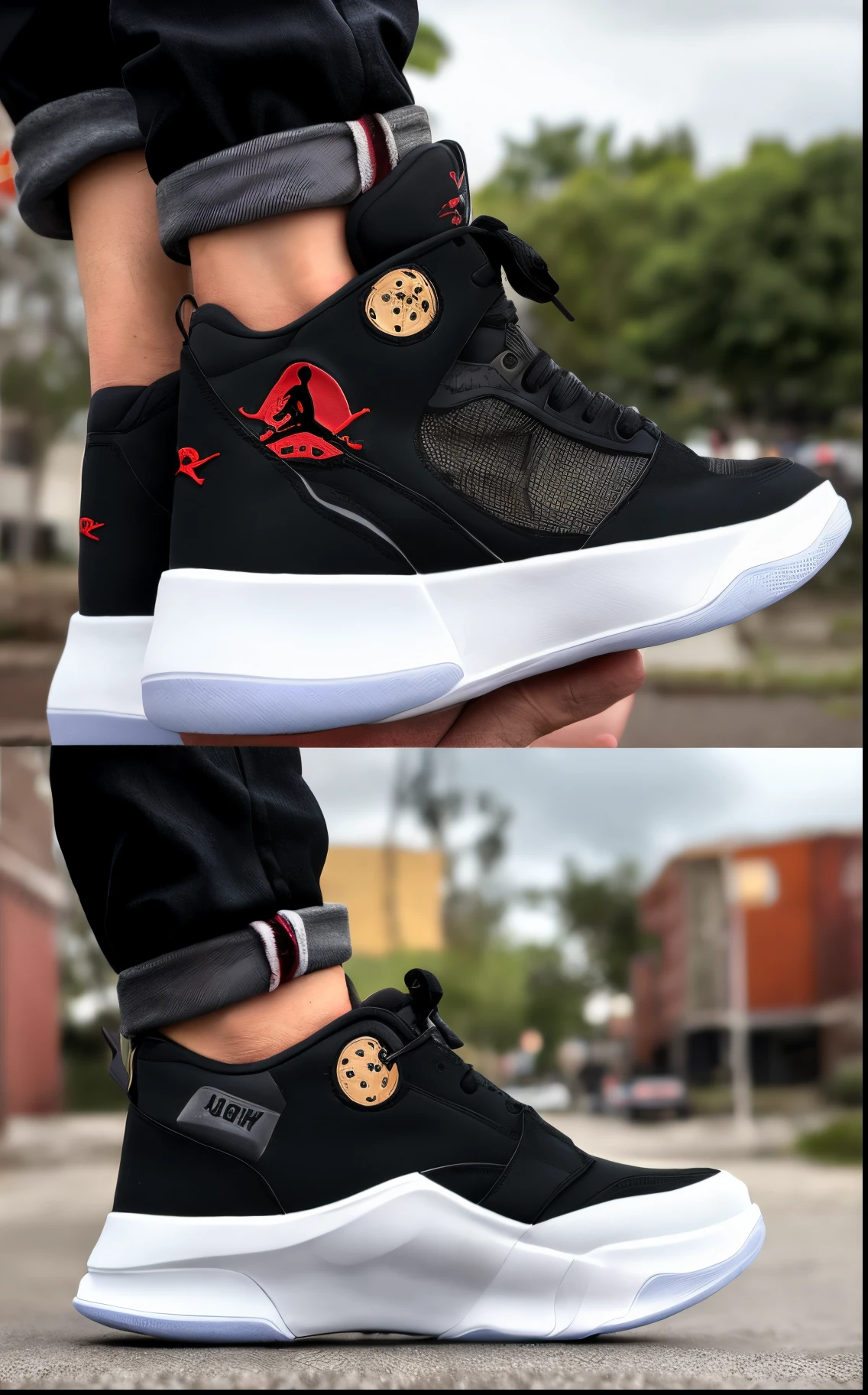 Create a scene with a tall plus size mulatto man, he is bald and has tattoos and a short beard and he has earrings and he is wearing hiphop style clothes and he has dark Jordan sneakers on his feet.
Ele esta em uma suv escura com rodas cromadas.
The text that stands out is: Driko