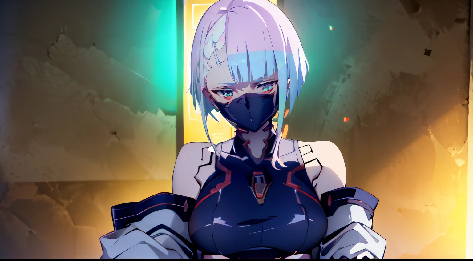 photo portrait, Sits, Sits, pulling the knees up to the chest, Beautiful figure, Lucy from the anime series Cyberpunk Edge Runner, a 1girl, facing the viewer, Beautiful figure (Proper Anatopy 1.1.), in full height (Body Full 1.1), Slim, Slender figure, Slender figure, shapely legs, Anime style, white colored hair, white colored hair, that disappear at the ends, Bob hairstyle, short white jacket, tight black suit, Cutouts on the shoulders, Cutouts on the chest, Neckline at the waist, Skinny black leather pants, Very detailed face, Very beautiful face, Very sexy ass, in full height (Body Full 1.1), Tall android girl, small elastic breasts, Little ass, Glitter Head Mask, Hair is gathered in a braid, Beautiful slim figure, small buttocks, A braid around the head, Round braid, Red Star in the Forehead, Short Brown Jacket, black tight suit, darkly,gris & Dark Style:1.1), Light, femininity,tmasterpiece,beste-Qualit,higly detailed,Visible to the feet, 8K resolution, High Sharp, 8K resolution, higly detailed, 8K UHD, Professional lighting, Photon mapping,physical based rendering, a perfect face, detailed face and body, ray traced, expressive look, Cinmatic Lighting,elastic small breasts, Heightened sexuality,