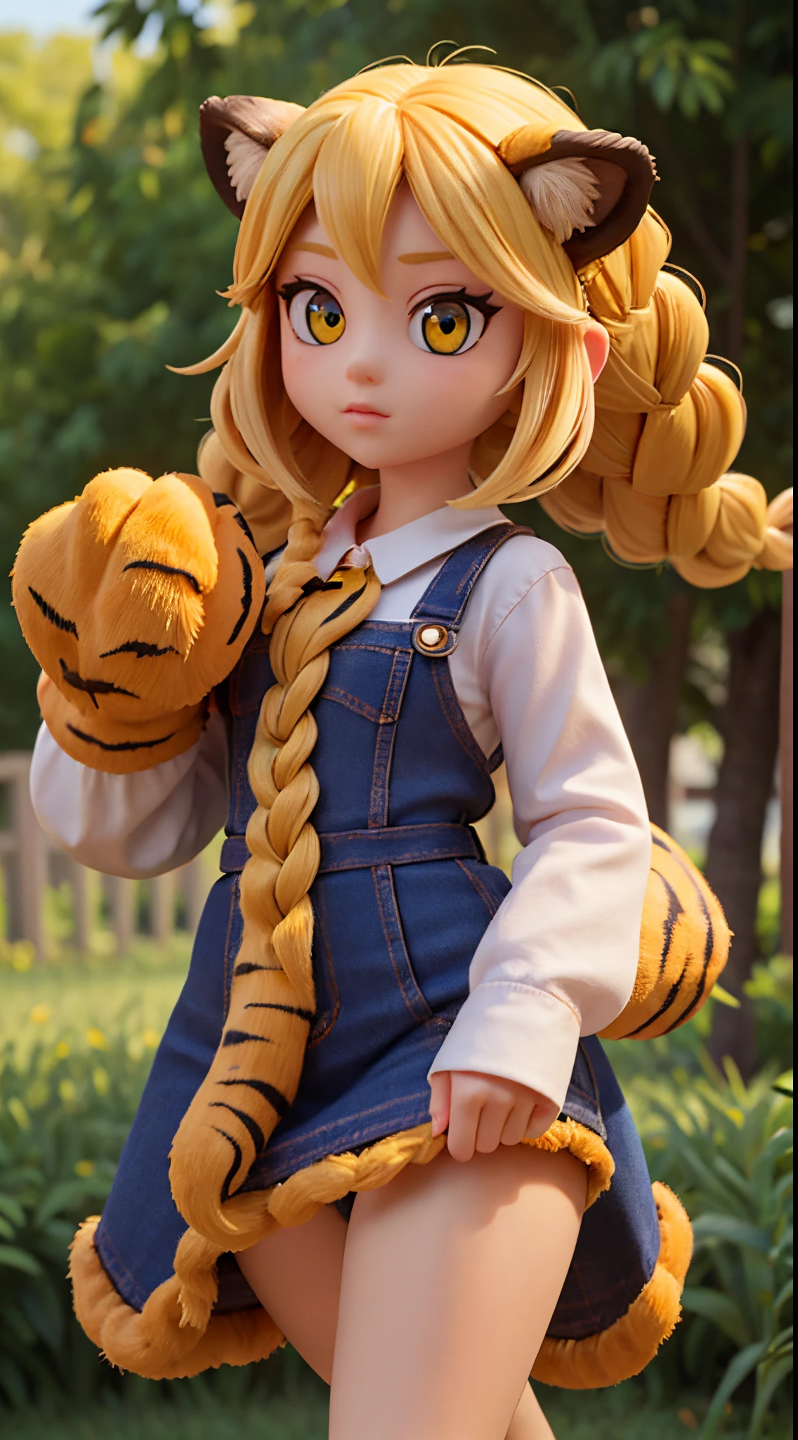 The girl is a tiger beastman、Megachibi、Mega Mini、minimum、Beautiful skins、Yellow eyes、Big eyes、Cute eyes、Braids、