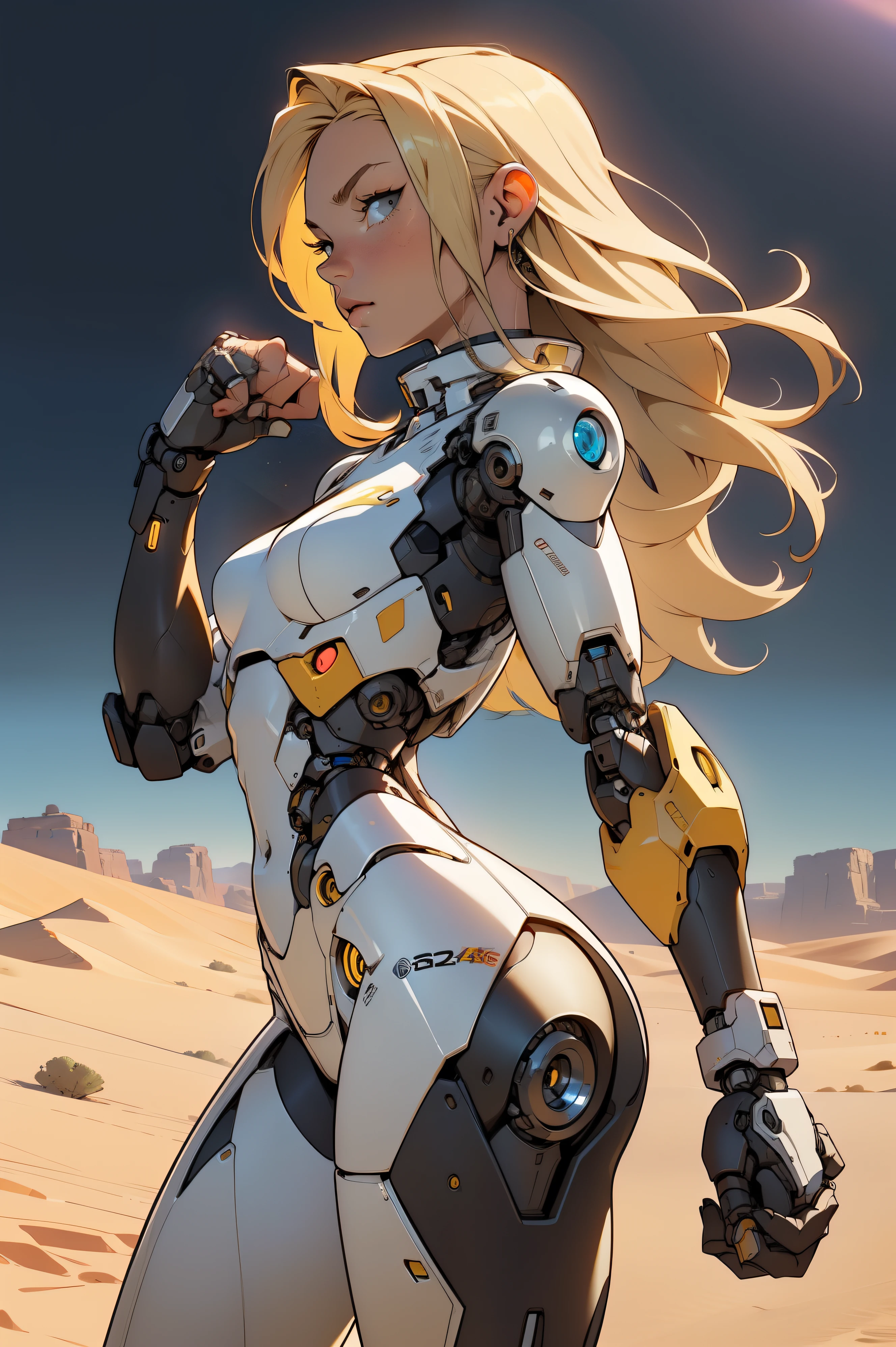 high quality, 4k, masterpiece, beautiful, cyborg girl, cowboy shot, dull eyes, side view, turning around to look at viewer, long blonde hair, girl, small breasts, fit thigh, robotic arms, robotic body, cyborg body, yellow accent, redaccent, intricate detail, joint, detailed lines, robotic detail, holding fist up, holding hand up as fist, color robotic parts, robotic parts with color, perfect fingers, on a desert planet, sunny background, colorful desert,