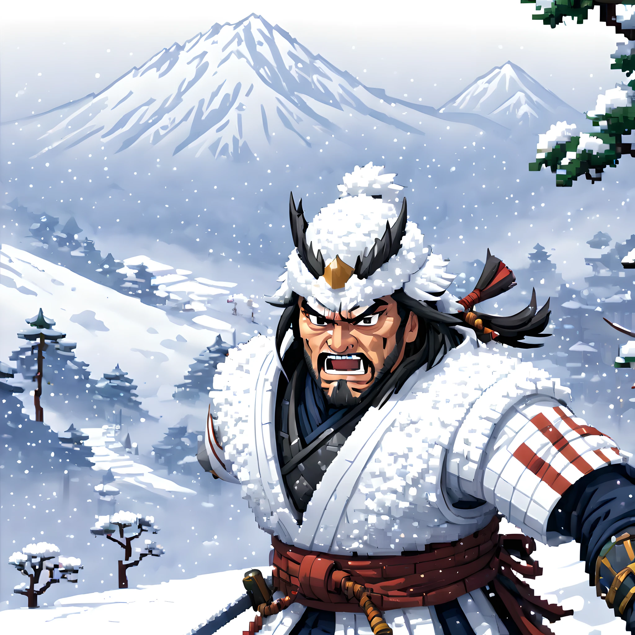 (Snowman:1.5),(Pixel art:1.5), (pixel theme:1.5), (fantasy:1.5), (Japanese game character:1.5), (Toshiro Mifune:1.5), (Japanese samurai:1.5), (General Winter:1.5),(snow:1.5), (snowy:1.5), (snow mountain:1.5),(white_out:1.5), (fantastic illustration:1.5),(dynamic:1.3), (absurderes:1.5),(ultra_detailed:1.5),(delicate:1.5),(Detail on facial expressions:1.5),(best quality:1.5),(masterpiece:1.5),