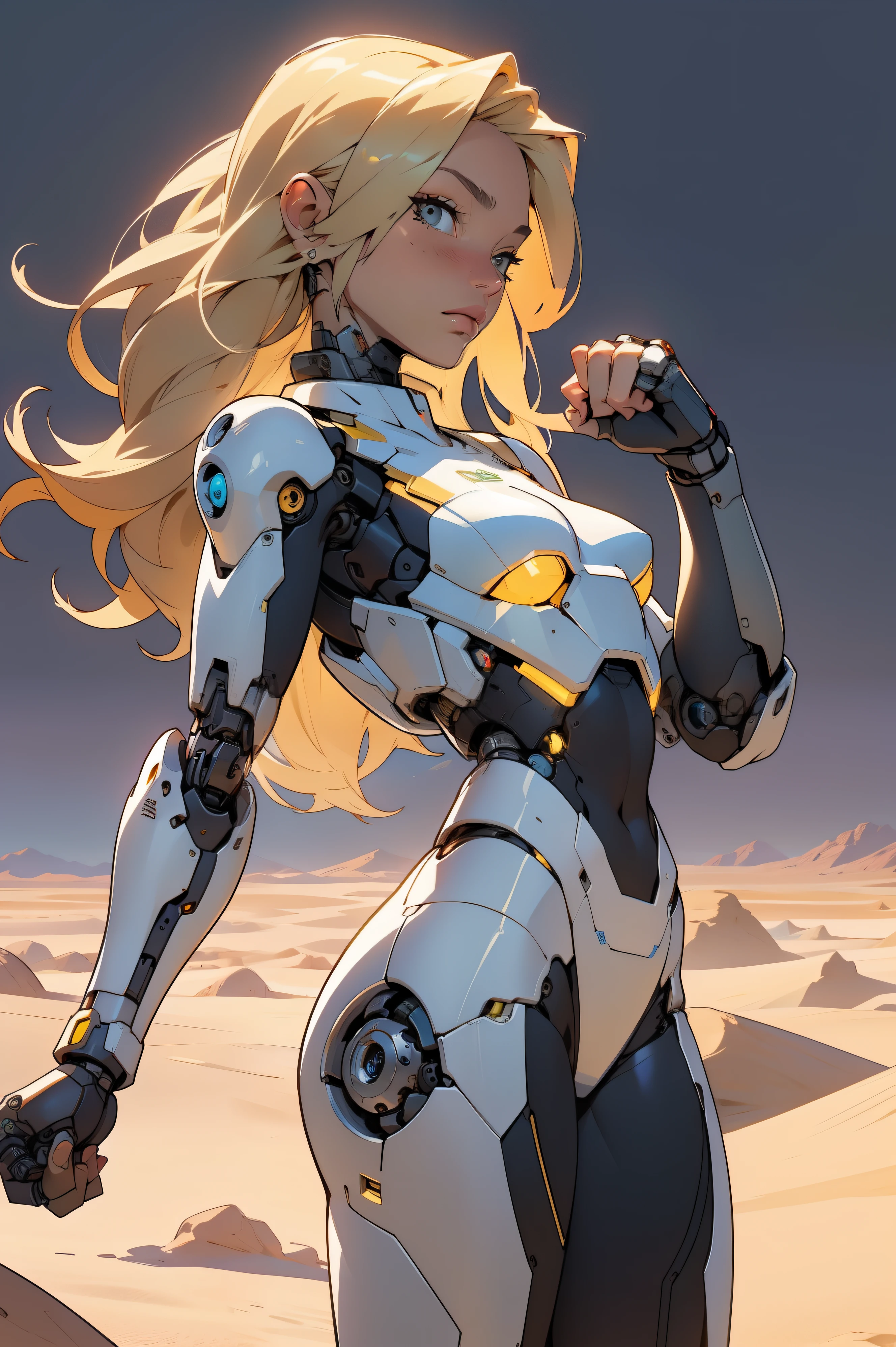 high quality, 4k, masterpiece, beautiful, cyborg girl, cowboy shot, dull eyes, side view, turning around to look at viewer, long blonde hair, girl, small breasts, fit thigh, robotic arms, robotic body, cyborg body, yellow accent, redaccent, intricate detail, joint, detailed lines, robotic detail, holding fist up, holding hand up as fist, color robotic parts, robotic parts with color, perfect fingers, on a desert planet, sunny background, colorful desert,