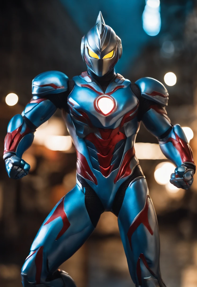 [ Amazing | astounding | delicated ] [Visually inspect the audience]Ultraman&#39;s character statue ， （Best quality， tmasterpiece）， 1人，combat scene， City smoke background， upper part of body， Contemporary，Blue Ultraman Tiga Color Color。[dot paper effect]，Ultra-clear image quality，32K，long-focus。