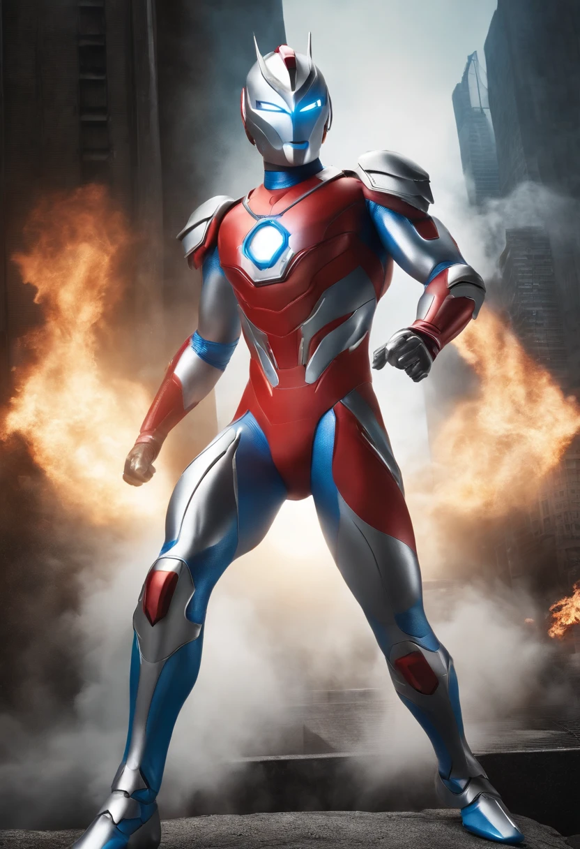[ Amazing | astounding | delicated ] [Visually inspect the audience]Ultraman&#39;s character statue ， （Best quality， tmasterpiece）， 1人，combat scene， City smoke background， upper part of body， Contemporary，Blue Ultraman Tiga Color Color。[dot paper effect]，Ultra-clear image quality，32K，long-focus。