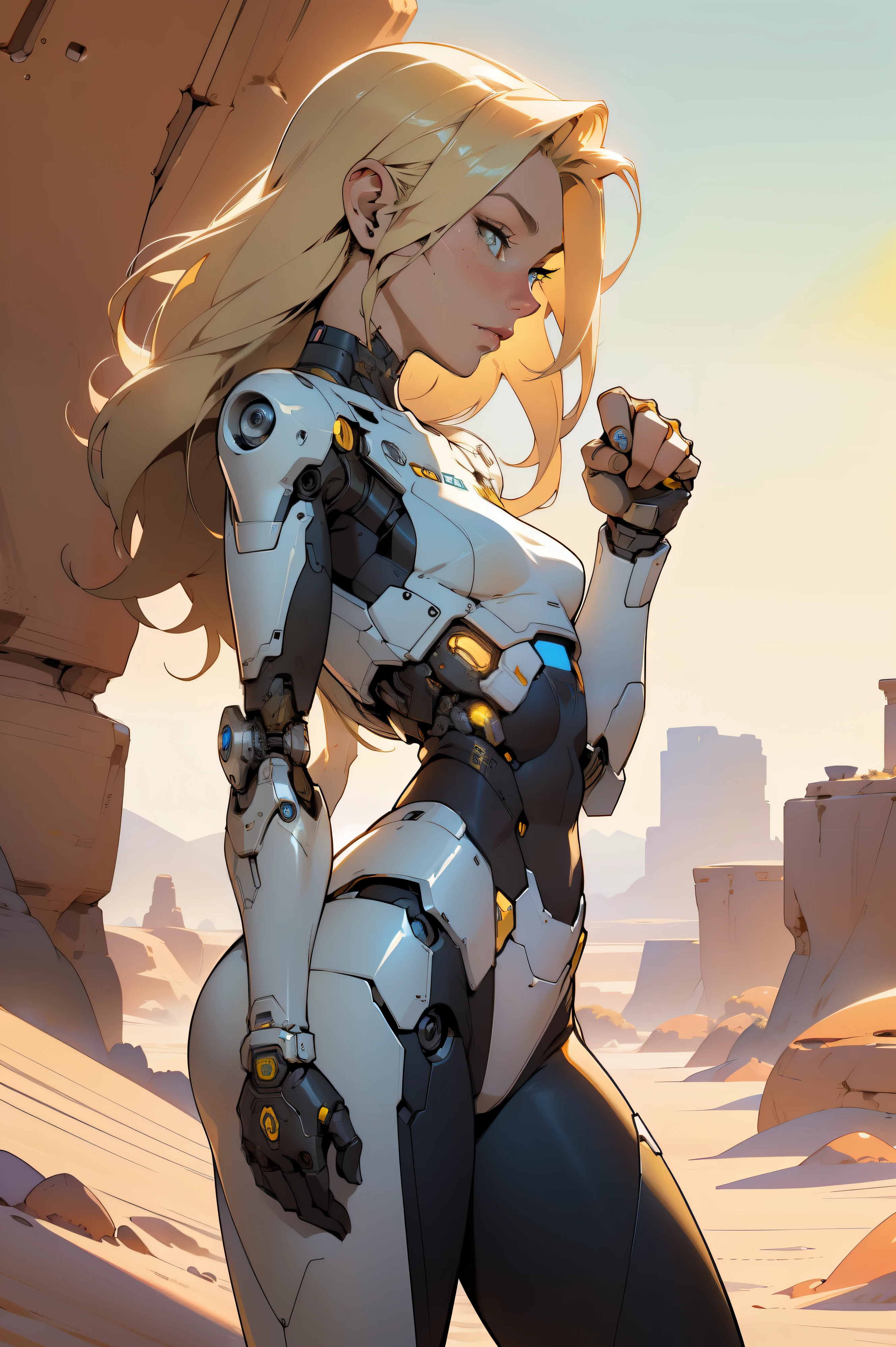 high quality, 4k, masterpiece, beautiful, cyborg girl, cowboy shot, dull eyes, side view, turning around to look at viewer, long blonde hair, girl, small breasts, fit thigh, robotic arms, robotic body, cyborg body, yellow accent, redaccent, intricate detail, joint, detailed lines, robotic detail, holding fist up, holding hand up as fist, color robotic parts, robotic parts with color, perfect fingers, on a desert planet, sunny background, colorful desert,