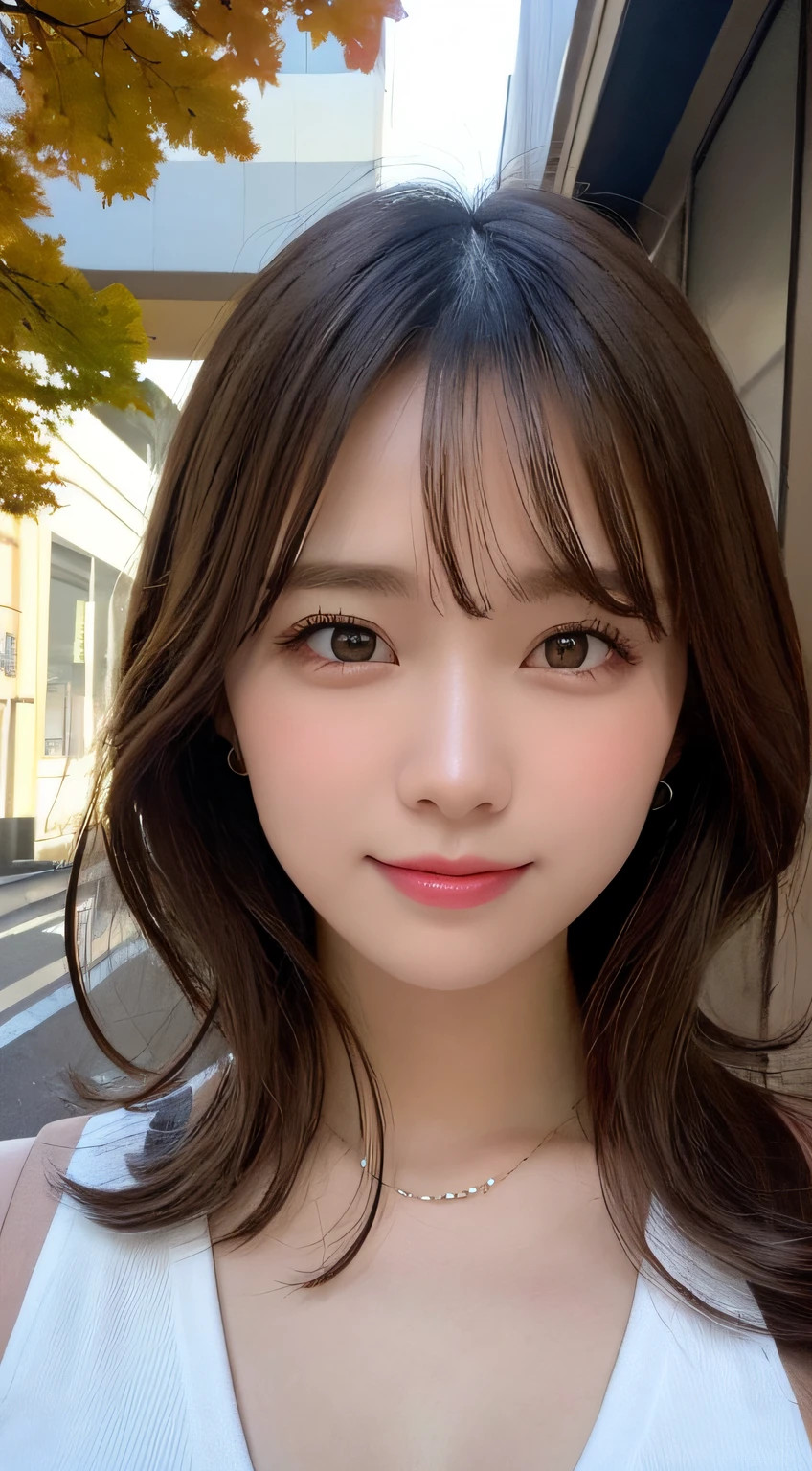 masutepiece, Best Quality, Illustration, Ultra-detailed, finely detail, hight resolution, 8K Wallpaper, Perfect dynamic composition, Beautiful detailed eyes, Autumn Women's Fashion,waved hair,Colossal tits、Natural Color Lip, Bold sexy poses,Smile,Harajuku、20 years girl、Cute、Sexy shot looking at camera、up of face