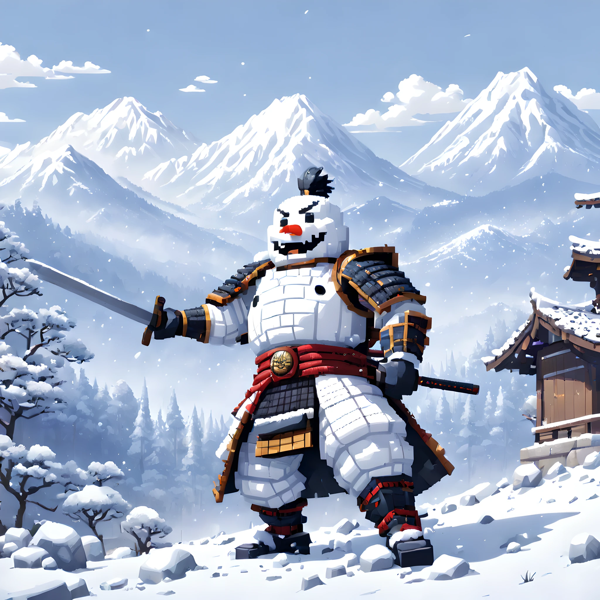 (Snowman:1.5),(Pixel art:1.5), (pixel theme:1.5), (fantasy:1.5), (Japanese game character:1.5), (Toshiro Mifune:1.5), (Japanese samurai:1.5), (General Winter:1.5),(snow:1.5), (snowy:1.5), (snow mountain:1.5),(white_out:1.5), (fantastic illustration:1.5),(dynamic:1.3), (absurderes:1.5),(ultra_detailed:1.5),(delicate:1.5),(Detail on facial expressions:1.5),(best quality:1.5),(masterpiece:1.5),