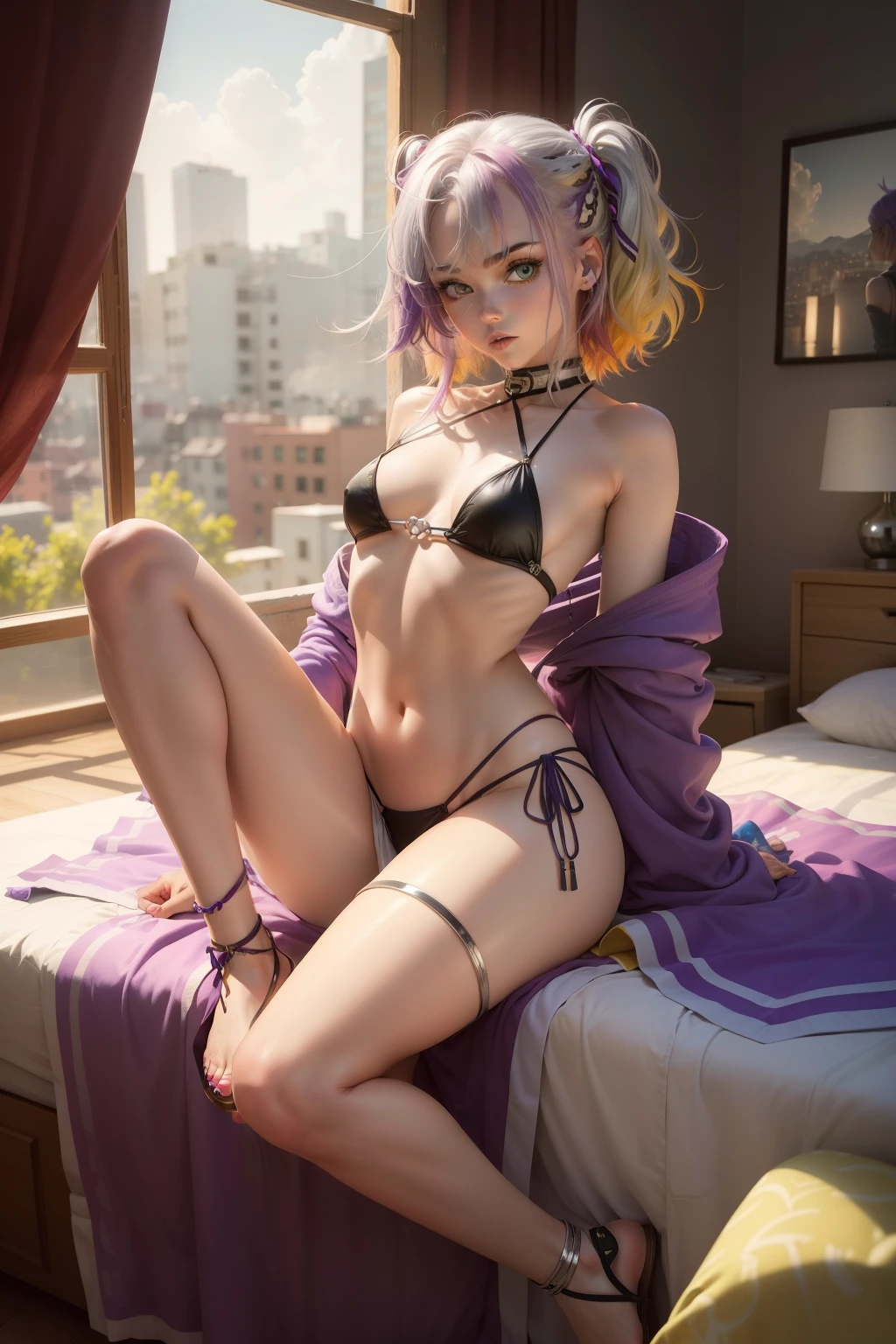 1.5),(1 girl),(Very small breasts),(Dynamic Pose),(multicolored hair+Silver hair:1.3+Red hair:1.2+Purple hair+Yellow hair:1.3+Green hair:1.3),(Blue eyes),(Neck ribbon),(floating),(cloud),(Random awkward poses),(Twilight),(watercolor paiting),(Wide Shot),(Accurate Hand Modeling),anklets,sandal,Relax in your room