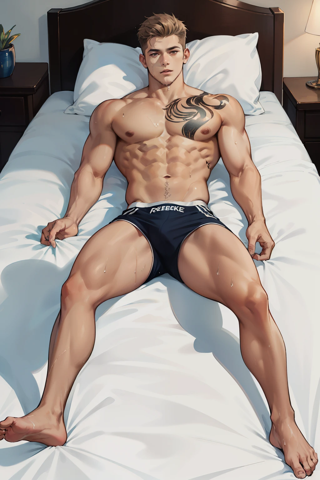 high resolution, ultra detailed, best quality, cinematic lighting, 20yo male, full body view, sport body, topless, veined body, bully, tattoo, lying in bed, reebok sneakers, wet body, two males