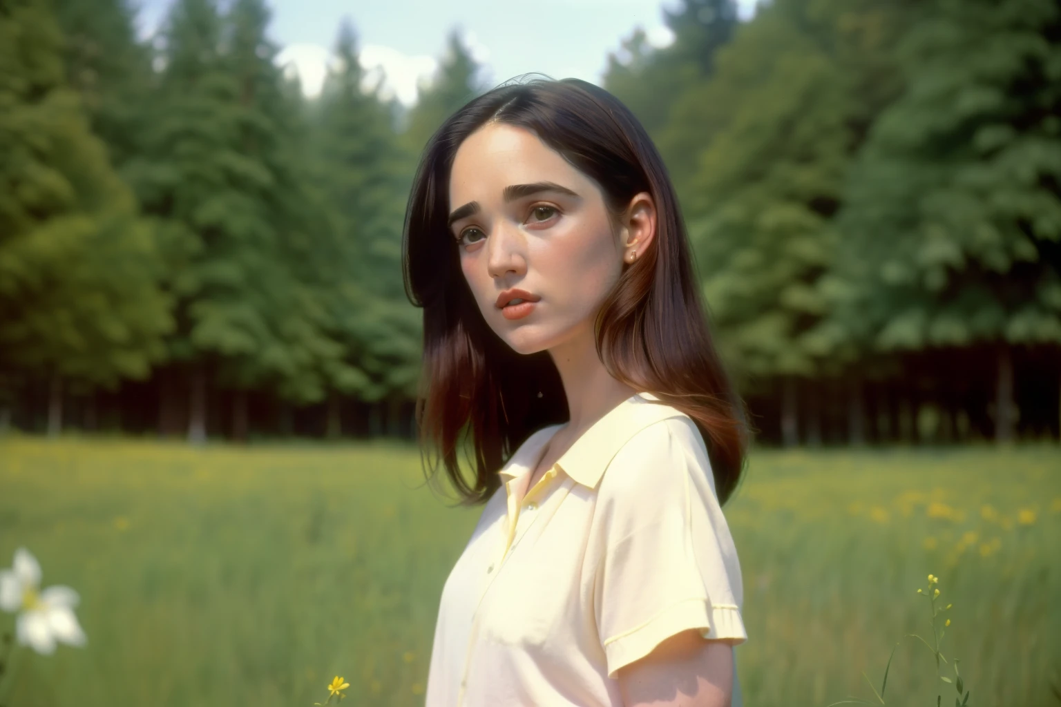1995, Berkshire, Massachusetts. Pre-raphaelite ((((40-year-old)) jennifer connelly)), exploring the forest, meadow, spring, ((((casual Clothing from the 1990s)))) ((Hairstyle of the 1990s)), ((Wes Anderson cinematic style)), colorful