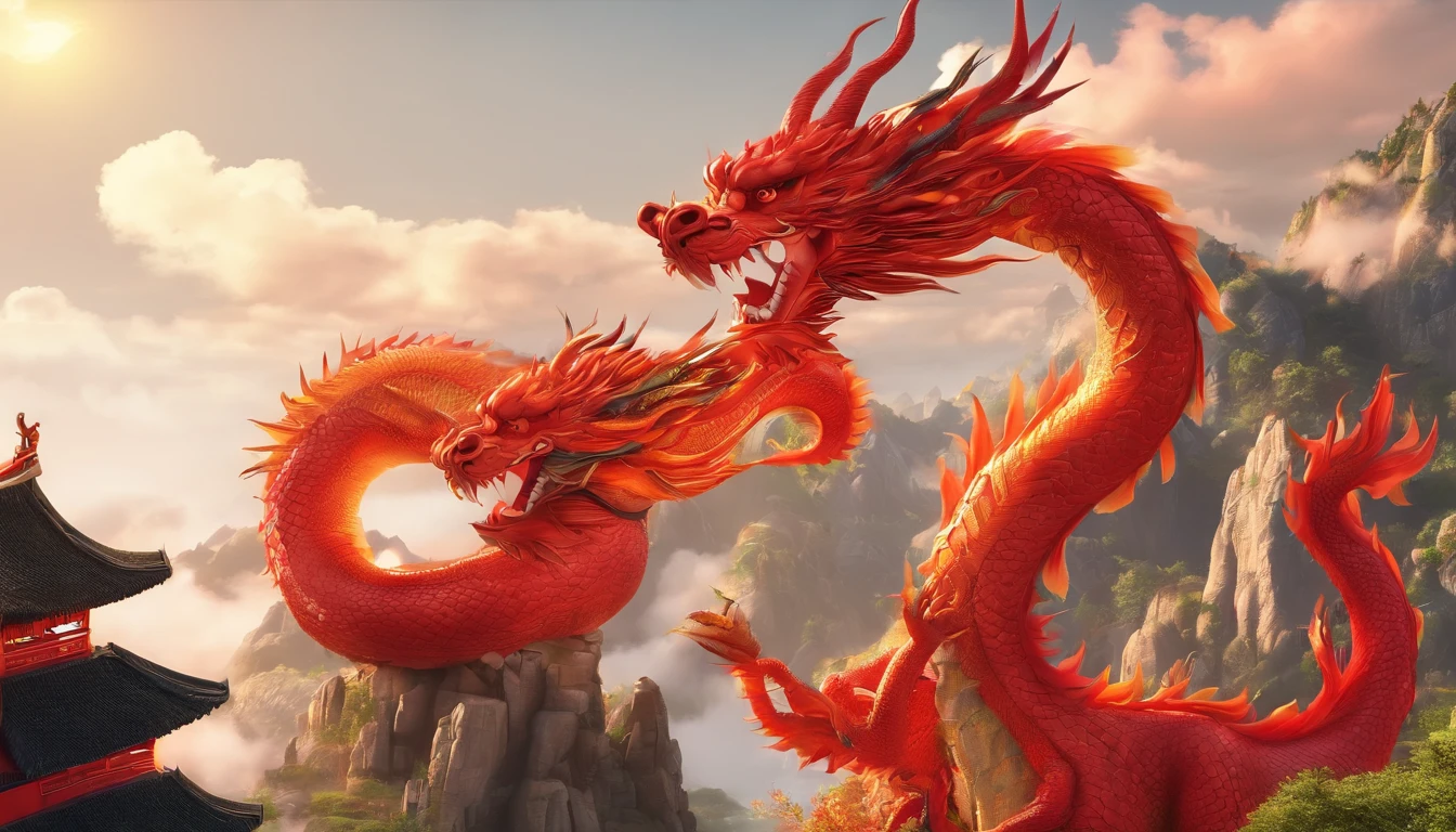 Very beautiful Chinese red dragon 3D rendering，Far Mountain，Chinese architecture，​​clouds，Sunnyday，Dynamic representation, Vivid effects and details，Superior image quality，A high resolution，Many colors,　Many coins, treasures"