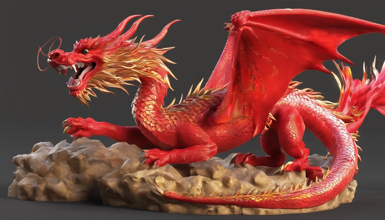 Very beautiful Chinese red dragon 3D rendering，Far Mountain，Chinese architecture，​​clouds，Sunnyday，Dynamic representation, Vivid effects and details，Superior image quality，A high resolution，Many colors,　Many coins, treasures"