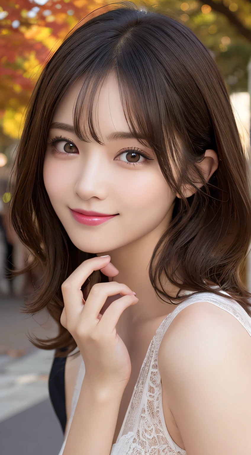 masutepiece, Best Quality, Illustration, Ultra-detailed, finely detail, hight resolution, 8K Wallpaper, Perfect dynamic composition, Beautiful detailed eyes, Autumn Women's Fashion,waved hair,Colossal tits、Natural Color Lip, Bold sexy poses,Smile,Harajuku、20 years girl、Cute、Sexy shot looking at camera、up of face