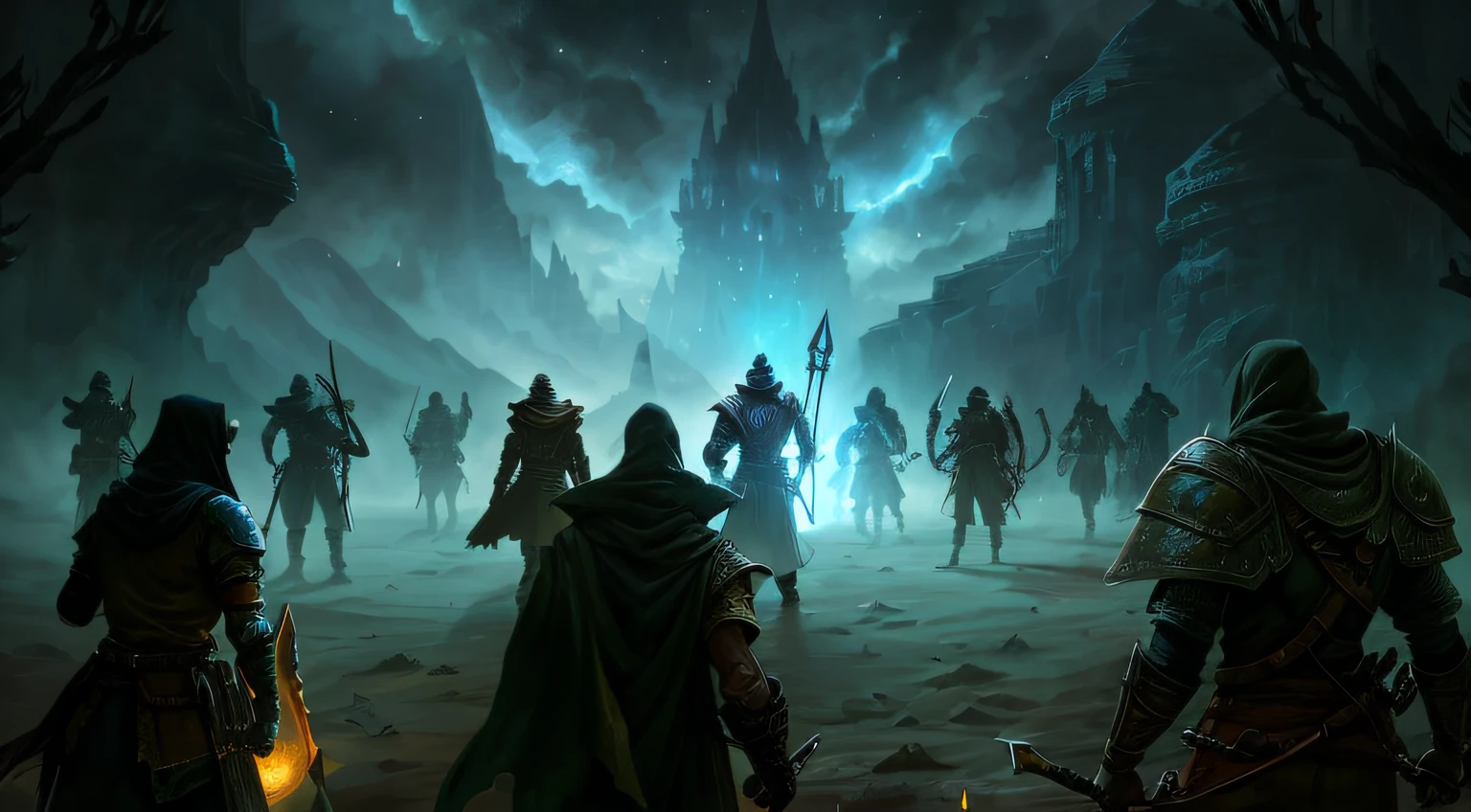 Image of Arafad and a group of people standing in front of a dark sky, Epic Elder Scrolls Art, elder scrolls art, The Elder Scrolls Online, epic fantasy game art, Skyrim Art, fantasy game art, fantasy epic digital art, symmetrical epic fantasy art, loadscreen”, dark fantasy artwork, undead soldiers in background, Epic Fantasy Artwork, medieval fantasy game art,yellow overall